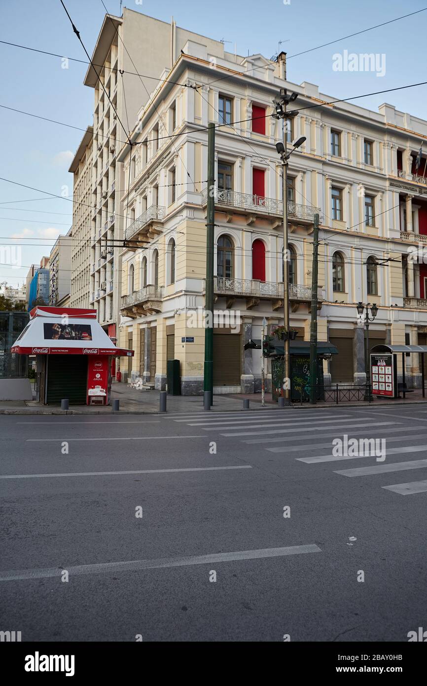 omonia Platz, Athen Griechenland, ruhiges Wahrzeichen Coronavirus Stockfoto