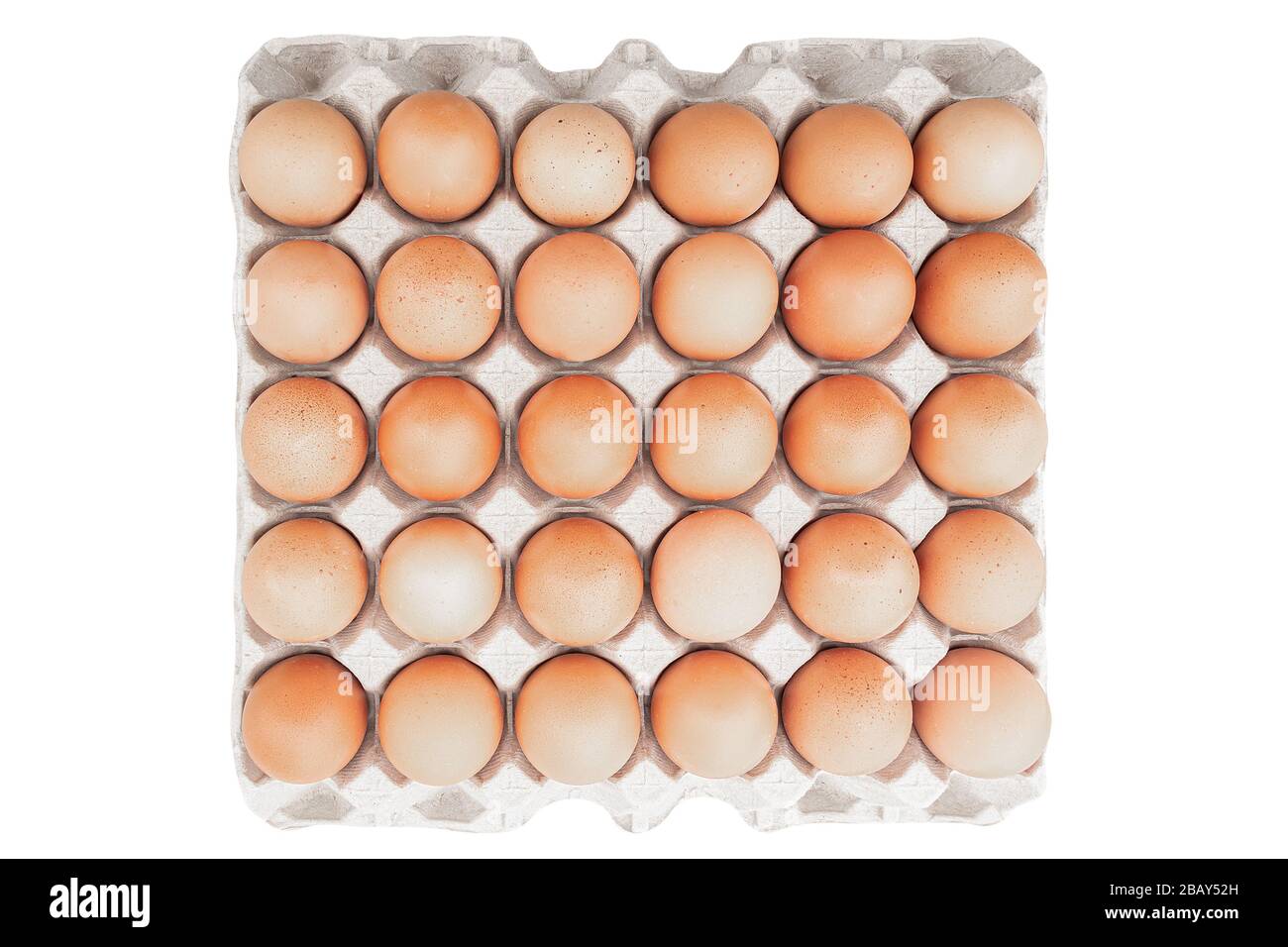Eier aus biologischem Anbau in einem Eikasten isoliert auf weißem Grund. Hühner Eier aus ökologisch sauberen Gebieten. Draufsicht. Stockfoto