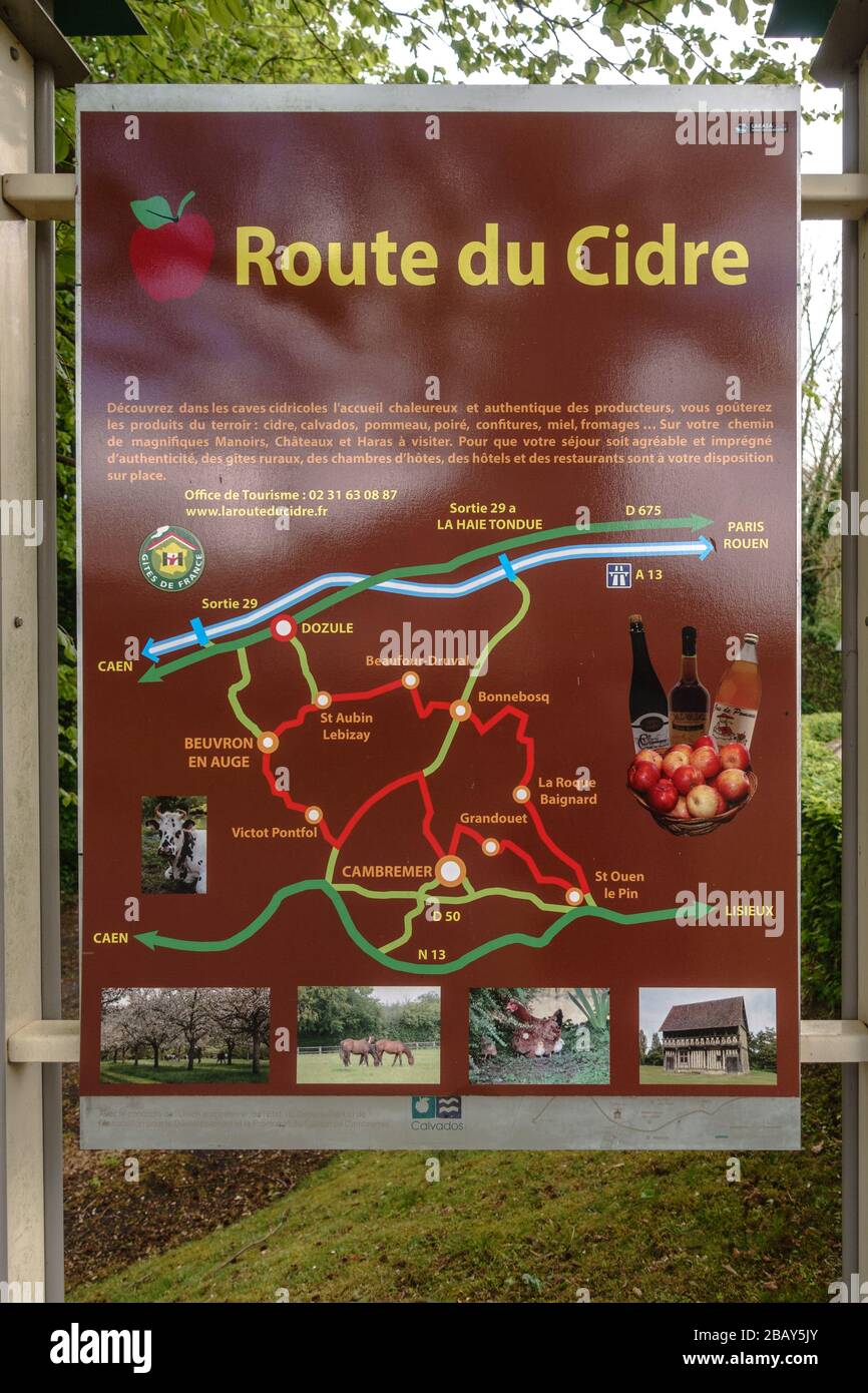 Eine Karte der Cider/Cidre Route in der Normandie, Frankreich Stockfoto