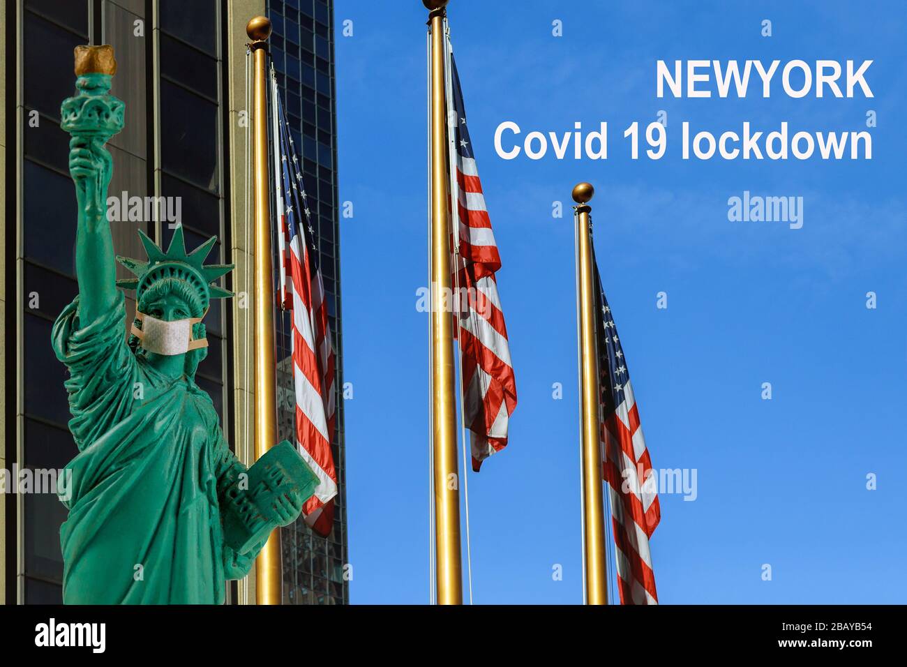 New York ist geschlossen, Konzept über Coronavirus COVID-19 Quarantäne auf American Flag Global Pandemic Covid 19 Lockdown Stockfoto