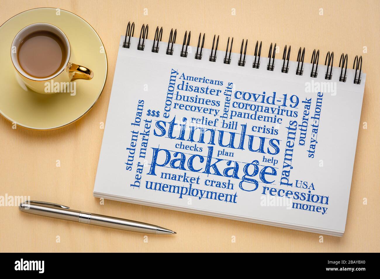 Stimulus-Paket Wortwolke im Skizzenbuch, Entlastungsrechnung während des Kovid-19-Coronavirus-Pandemiekonzepts Stockfoto