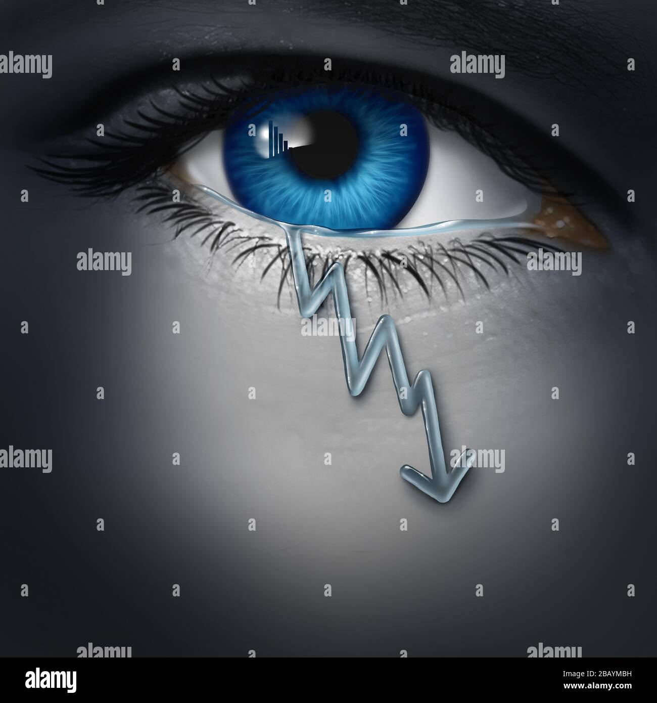 Die Wirtschaftsdepression als depressiver Investor mit einem Tränenrückgang prägte als sinkendes Finanzdiagramm als Symbol für Rezession und gescheiterte Wirtschaft. Stockfoto