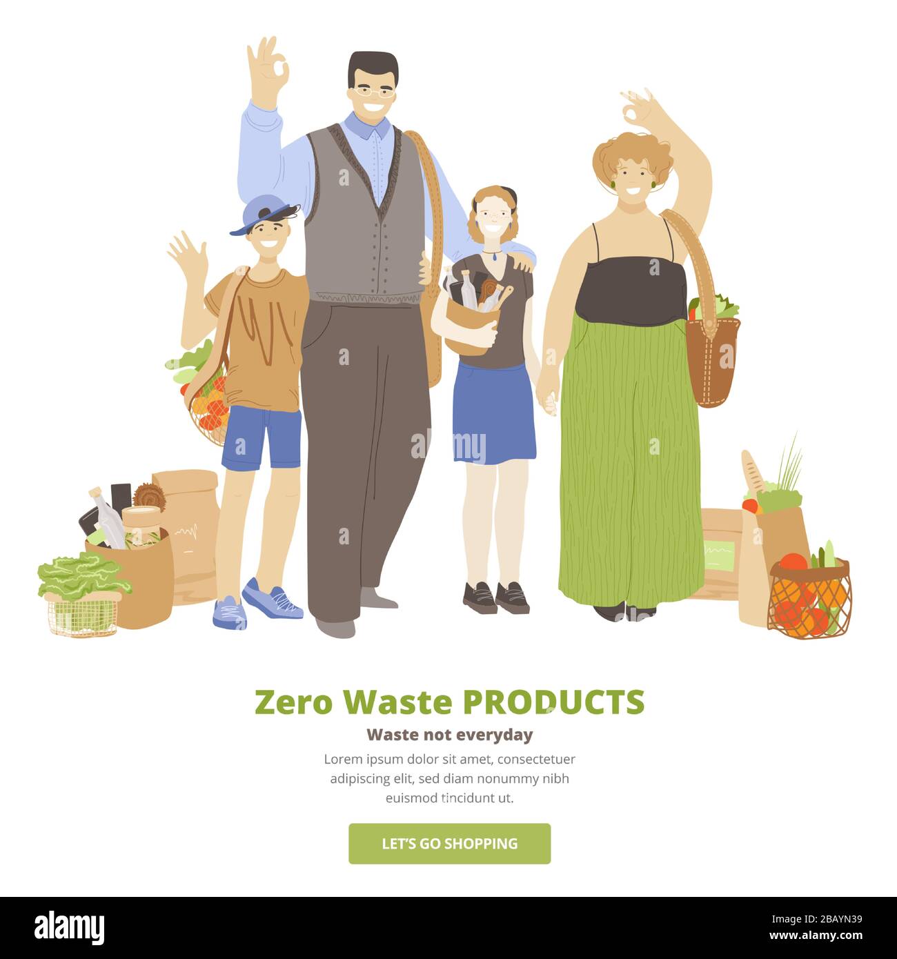 Vektor-Illustration der fröhlichen Familie von Mann, Frau und zwei Kindern, umarmend, winkende Hände, mit OK-Zeichen und mit Zero Waste Ecological Stock Vektor