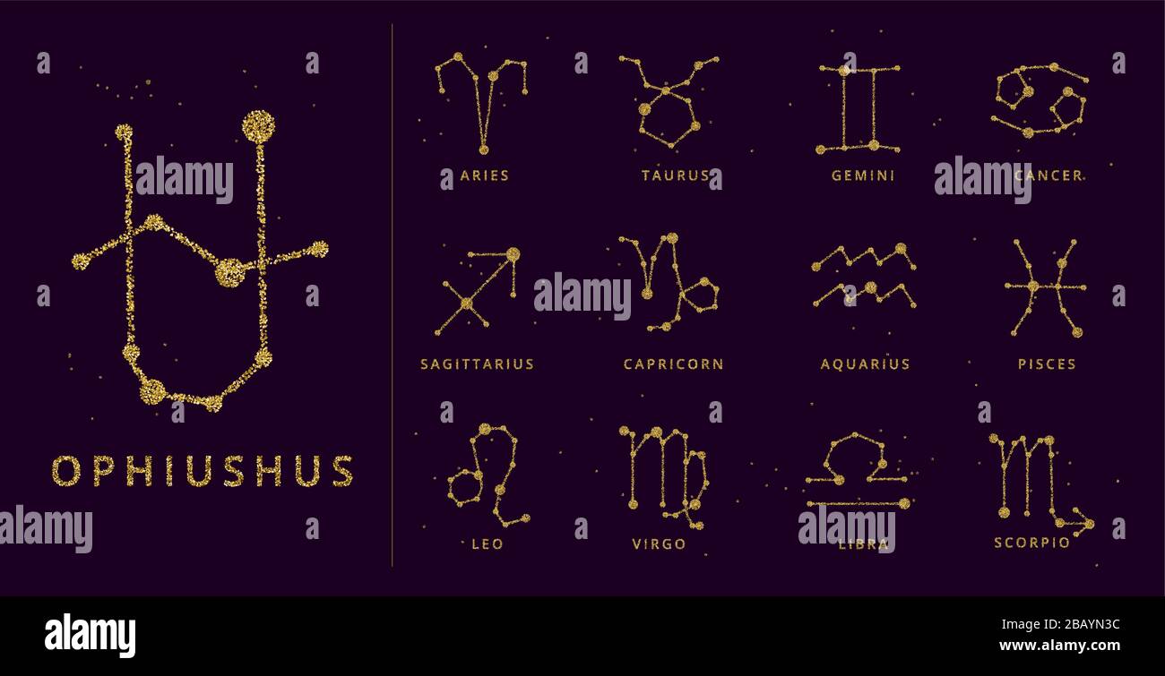 Goldene Vektorgrafiken und Horoskopzeichen und Sternbild. Sternzeichen, stilisiert als glänzende Glitzerlinie und Punkte. Krebs, zwillinge und andere Stock Vektor