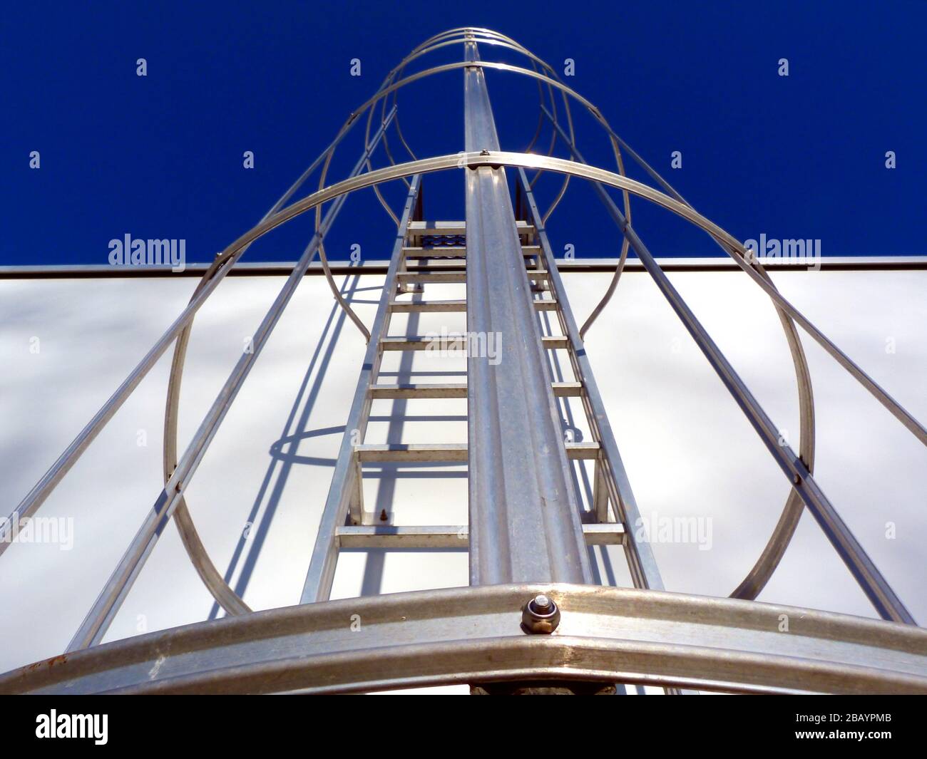 Zugangsleiter und Sicherheitskäfig aus Aluminiumdach, abnehmende Perspektive, weiße Betonwand, Sprossen und vertikale Sicherheitsbügel, Architektur und Technologie Stockfoto