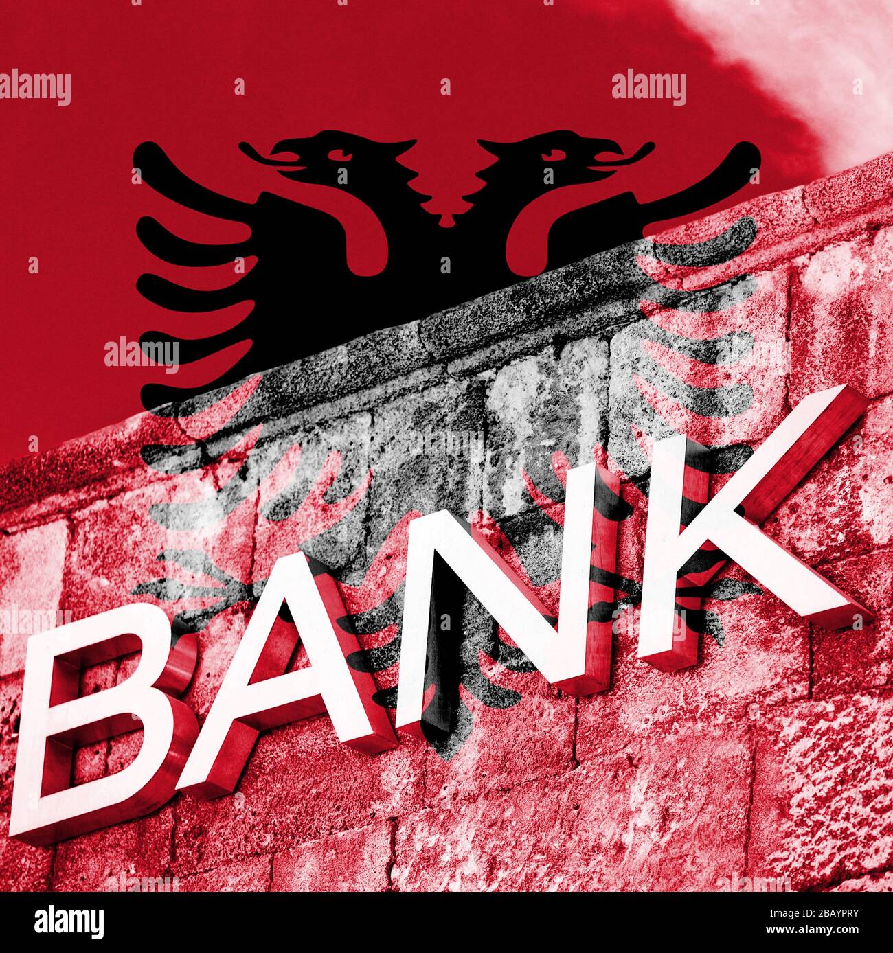 Finanz- und Wirtschaftskonzept der Bank mit Flagge Albaniens Stockfoto