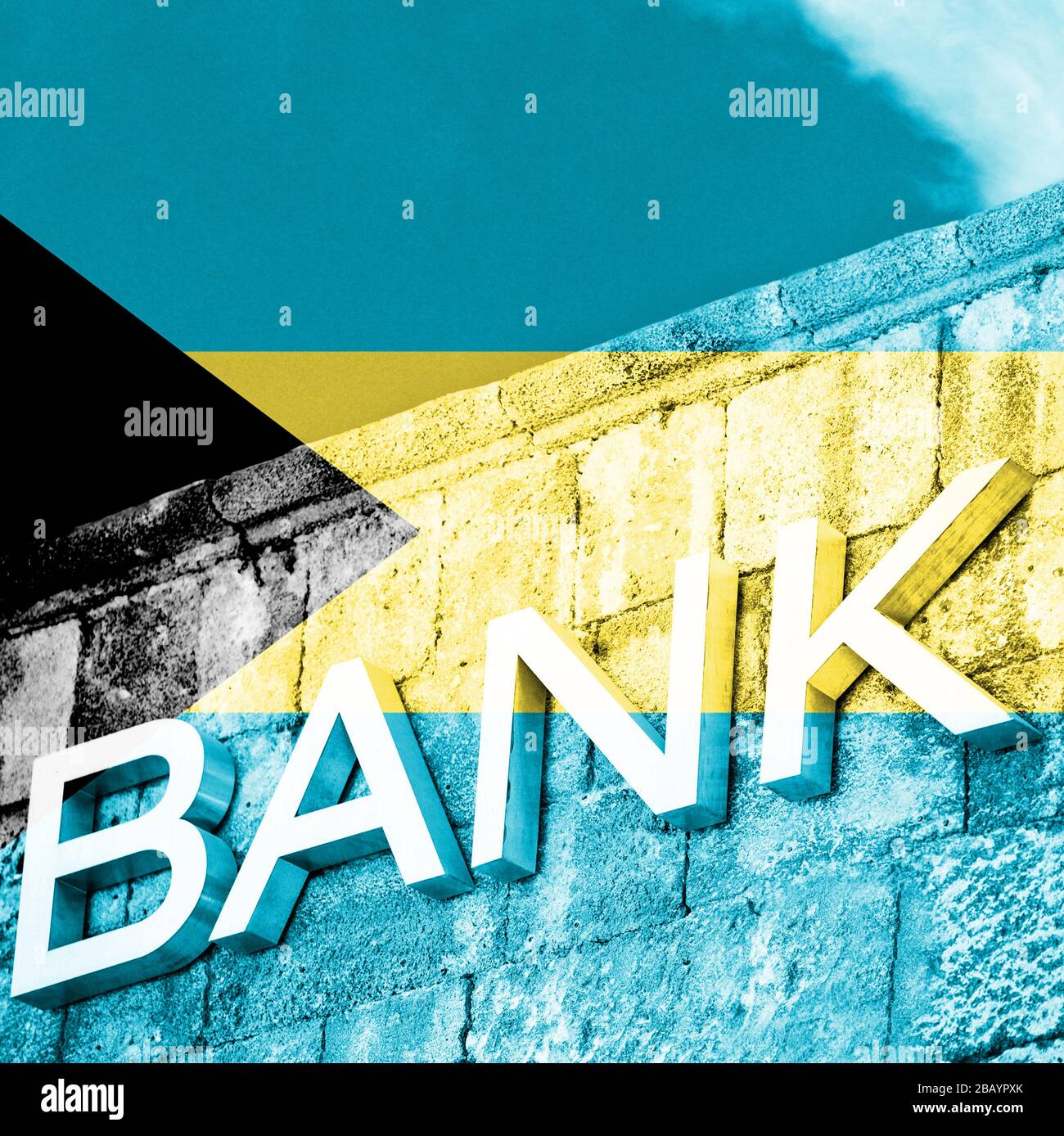 Finanz- und Wirtschaftskonzept der Bank mit Flagge der Bahamas Stockfoto