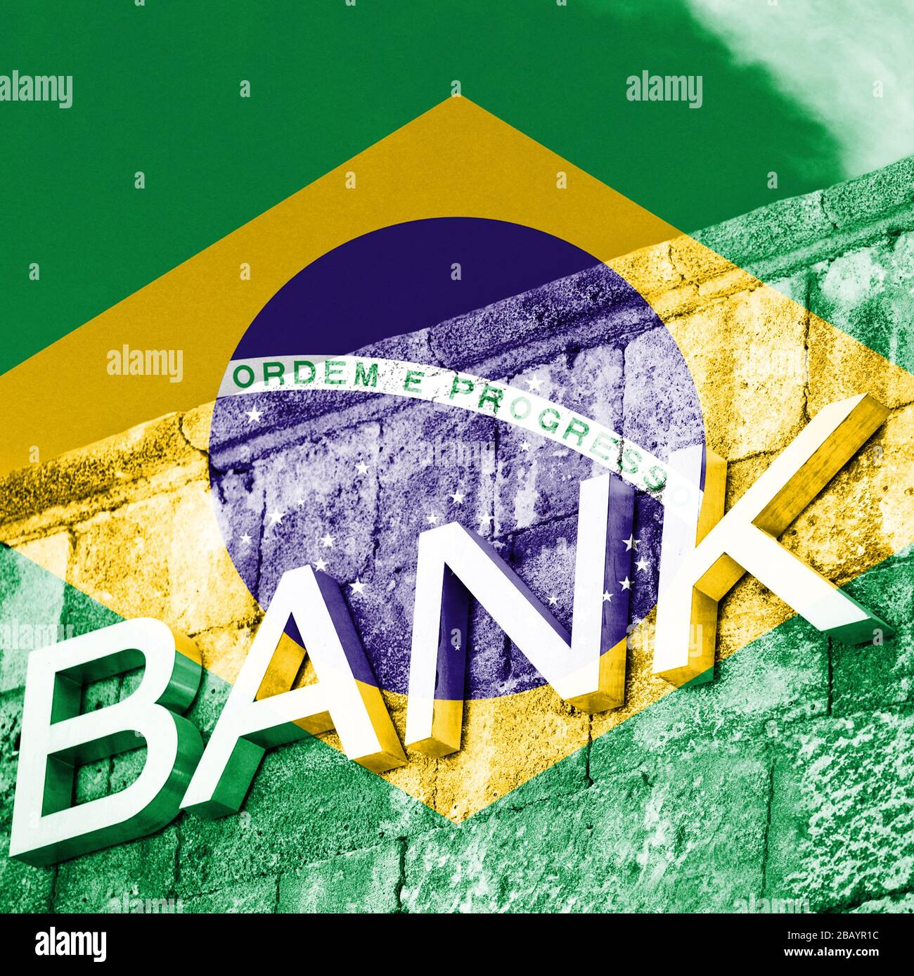 Finanz- und Wirtschaftskonzept der Bank mit Flagge Brasiliens Stockfoto