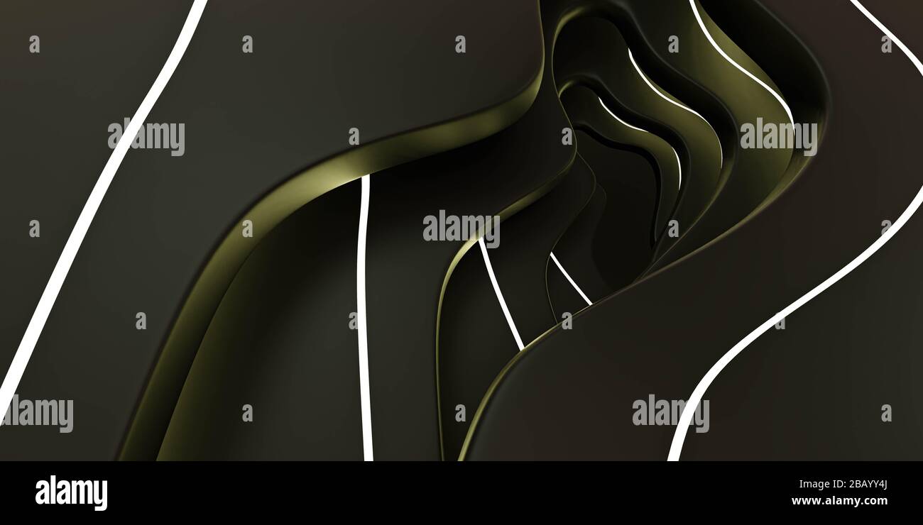 Moderne futuristische abstrakte schwarze Metallic-Hintergrundtextur mit gelber Beleuchtungstechnologie 3D-Renderdarstellung Stockfoto