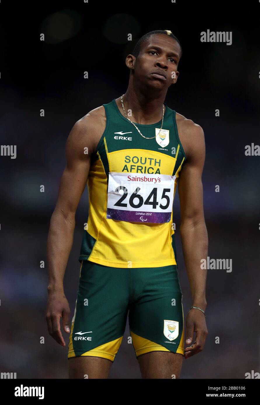 Südafrikas Union Sekailwe reagiert auf den 3. Platz während der 400-m-T38 der Männer im Olympiastadion London Stockfoto