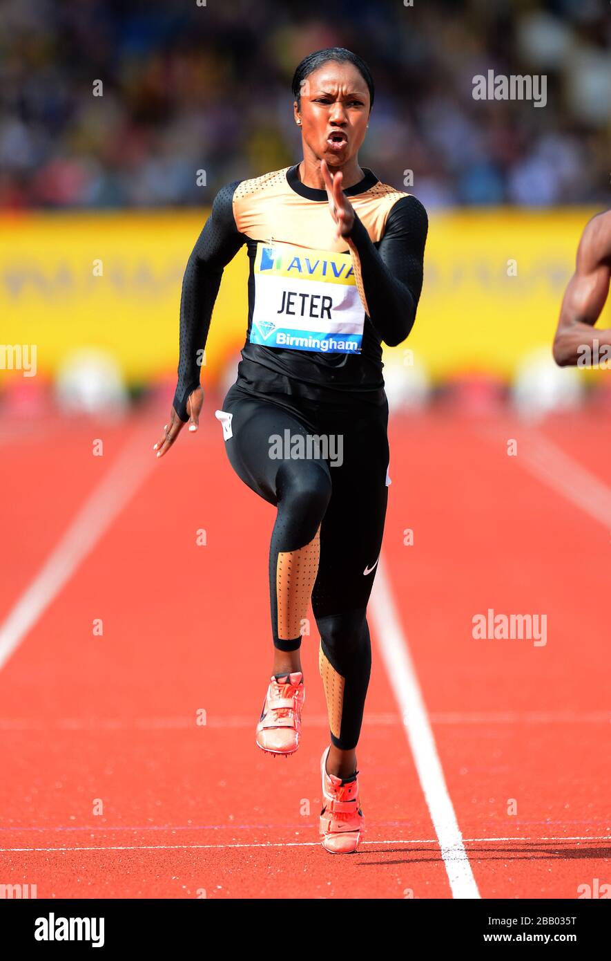 Die US-Amerikanerin Carmelita Jeter im 100-m-Halbfinale der Frauen beim großen Preis von Aviva Birmingham im Einsatz Stockfoto