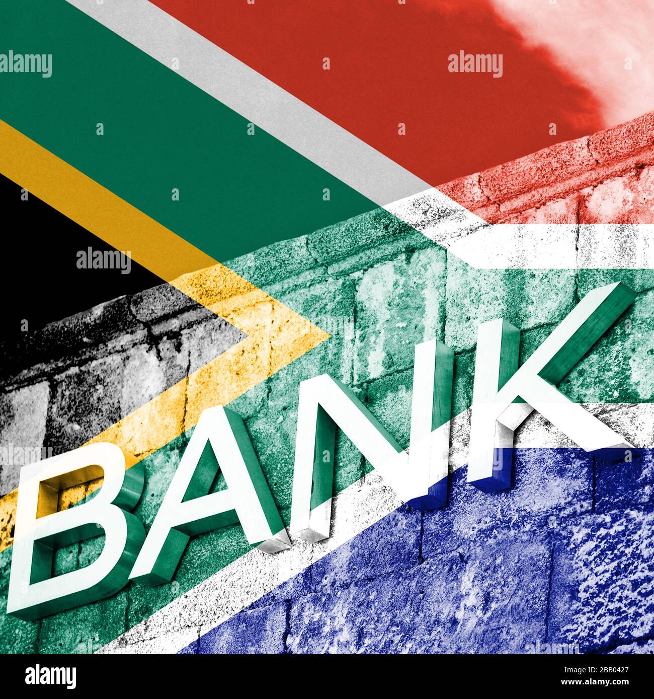 Finanz- und Wirtschaftskonzept der Bank mit Flagge Südafrikas Stockfoto