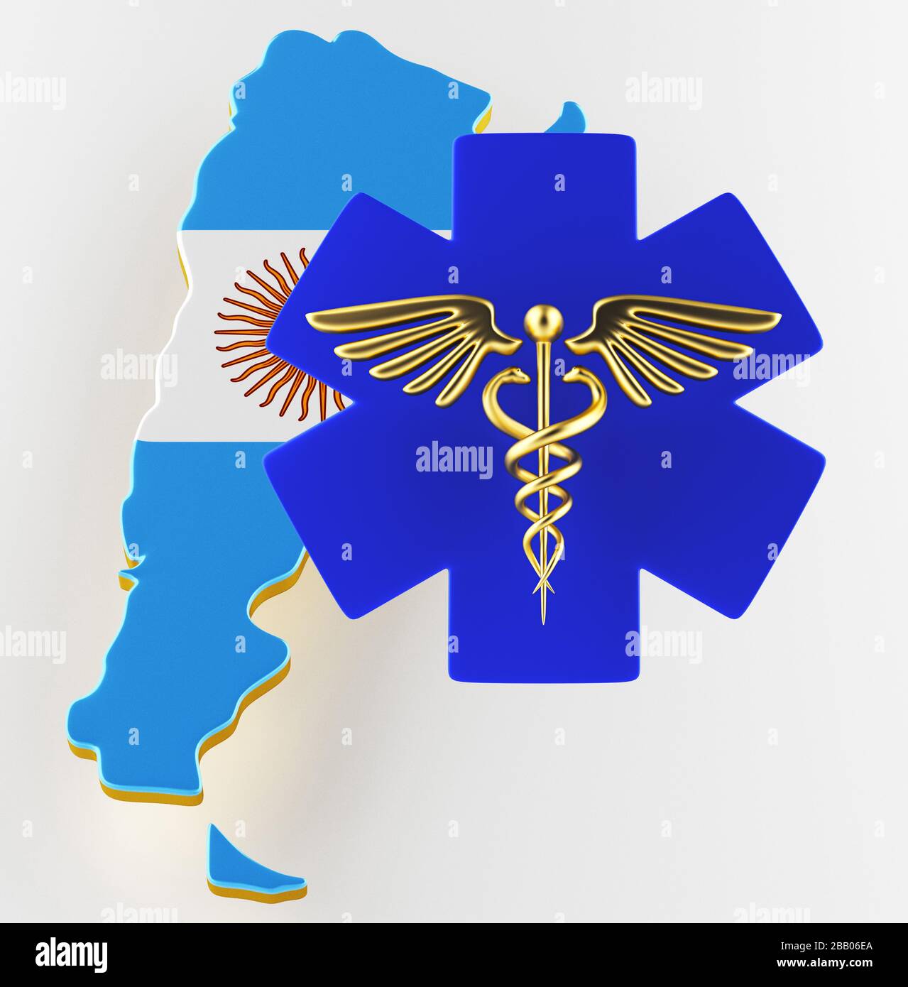 Caduceus Schild mit Schlangen auf einem medizinischen Stern. 3D-Karte von Argentinien. Karte von Argentinien Landgrenze mit Flagge. 3D-Rendering Stockfoto