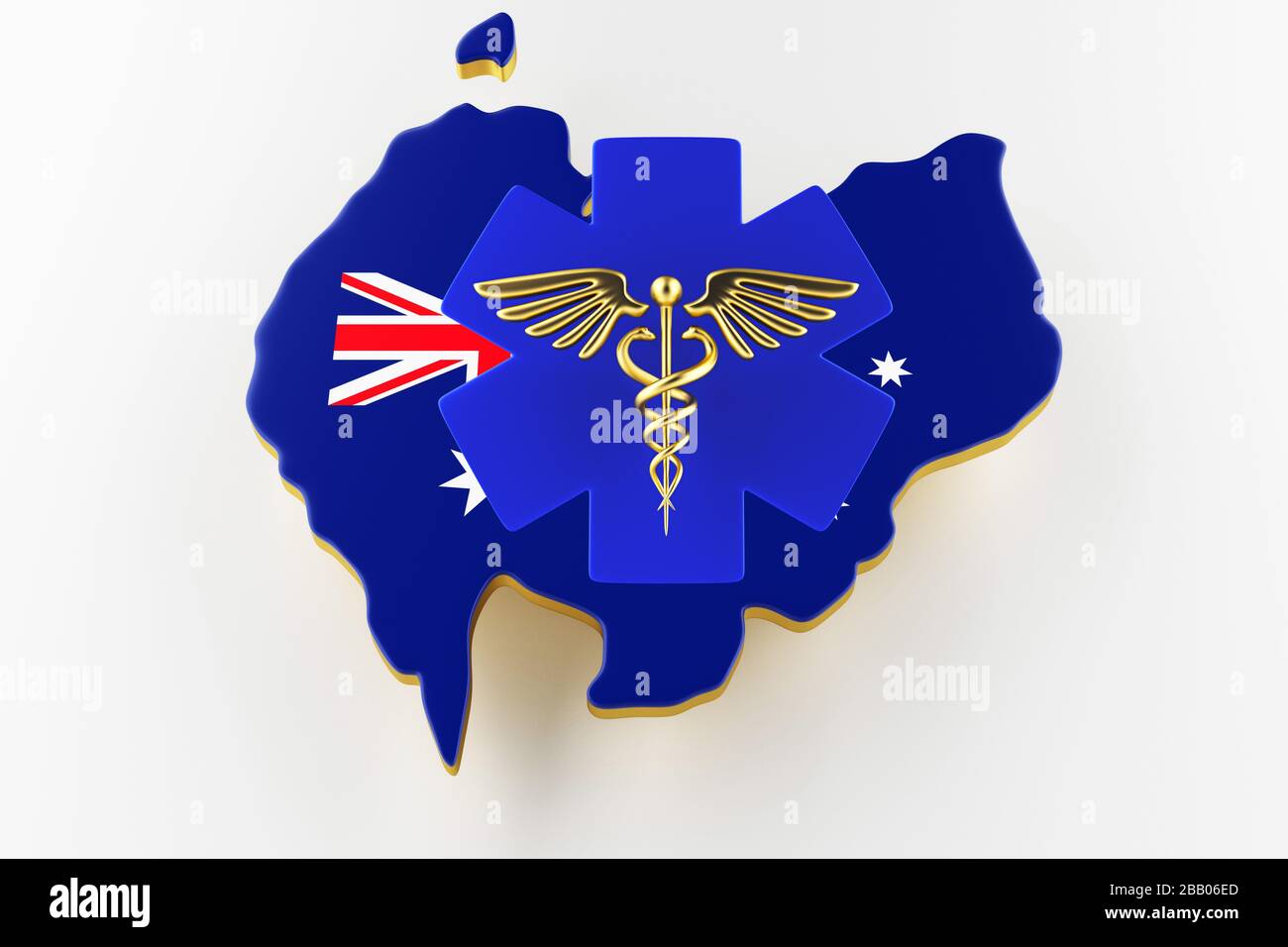 Caduceus Schild mit Schlangen auf einem medizinischen Stern. Karte der australischen Landgrenze mit Flagge. Australische Karte auf weißem Hintergrund. 3D-Rendering Stockfoto