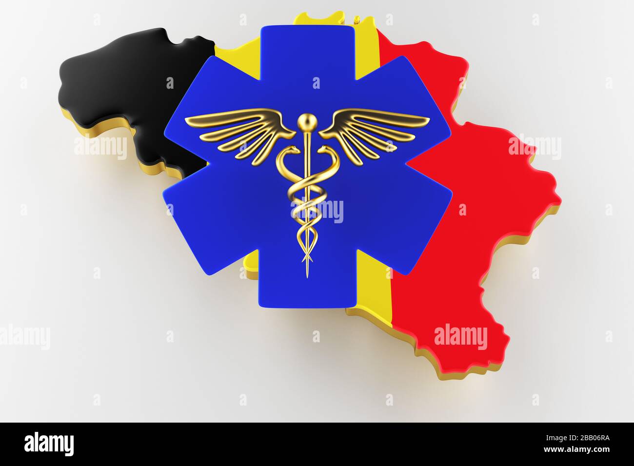 Caduceus Schild mit Schlangen auf einem medizinischen Stern. Karte von Belgien Landgrenze mit Flagge. Belgien-Karte auf weißem Hintergrund. 3D-Rendering Stockfoto