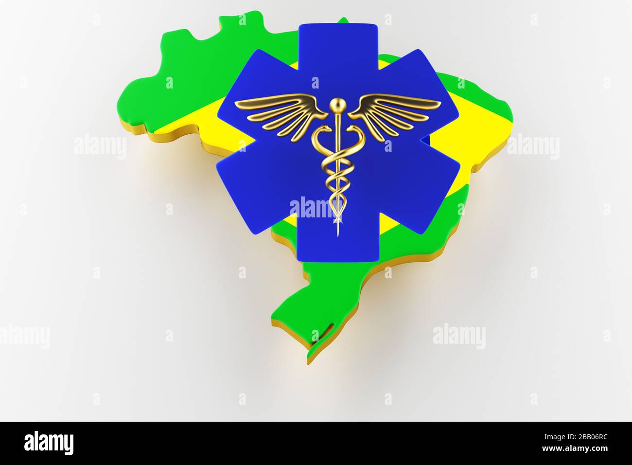 Caduceus Schild mit Schlangen auf einem medizinischen Stern. Karte von Brasilien Landgrenze mit Flagge. Brasilien-Karte auf weißem Hintergrund. 3D-Rendering Stockfoto