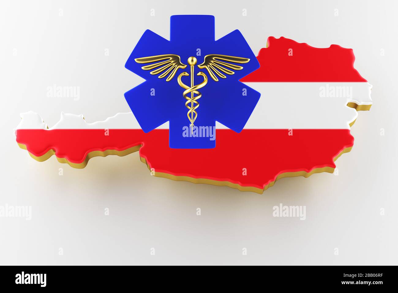 Caduceus Schild mit Schlangen auf einem medizinischen Stern. Karte von Österreich Landgrenze mit Flagge. Österreich Karte auf weißem Hintergrund. 3D-Rendering Stockfoto