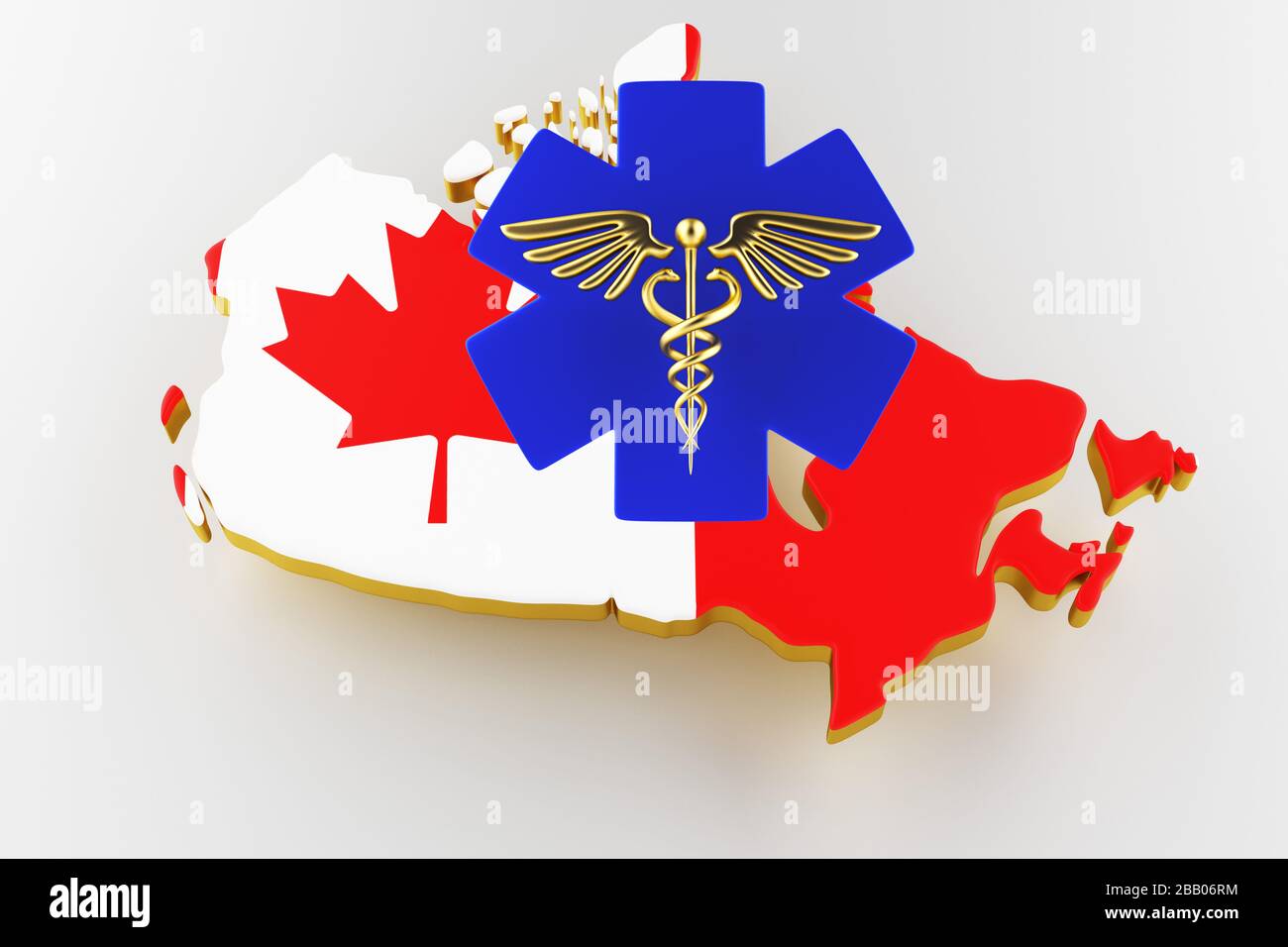Caduceus Schild mit Schlangen auf einem medizinischen Stern. Karte von Kanada Landgrenze mit Flagge. Kanada Karte auf weißem Hintergrund. 3D-Rendering Stockfoto