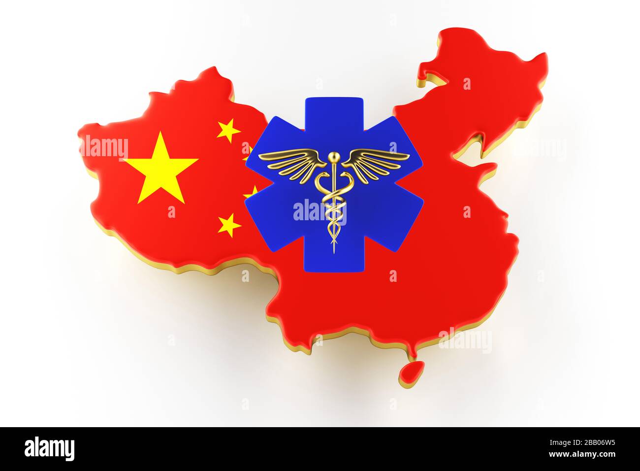 Caduceus Schild mit Schlangen auf einem medizinischen Stern. Karte der chinesischen Landgrenze mit Flagge. China Karte auf weißem Hintergrund. 3D-Rendering Stockfoto