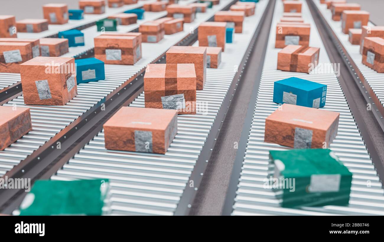 Transportrollen mit verschiedenen Packungen. Konzept der Schifffahrts-, Logistik- und Fertigungsindustrie. 3D-Rendering. Stockfoto