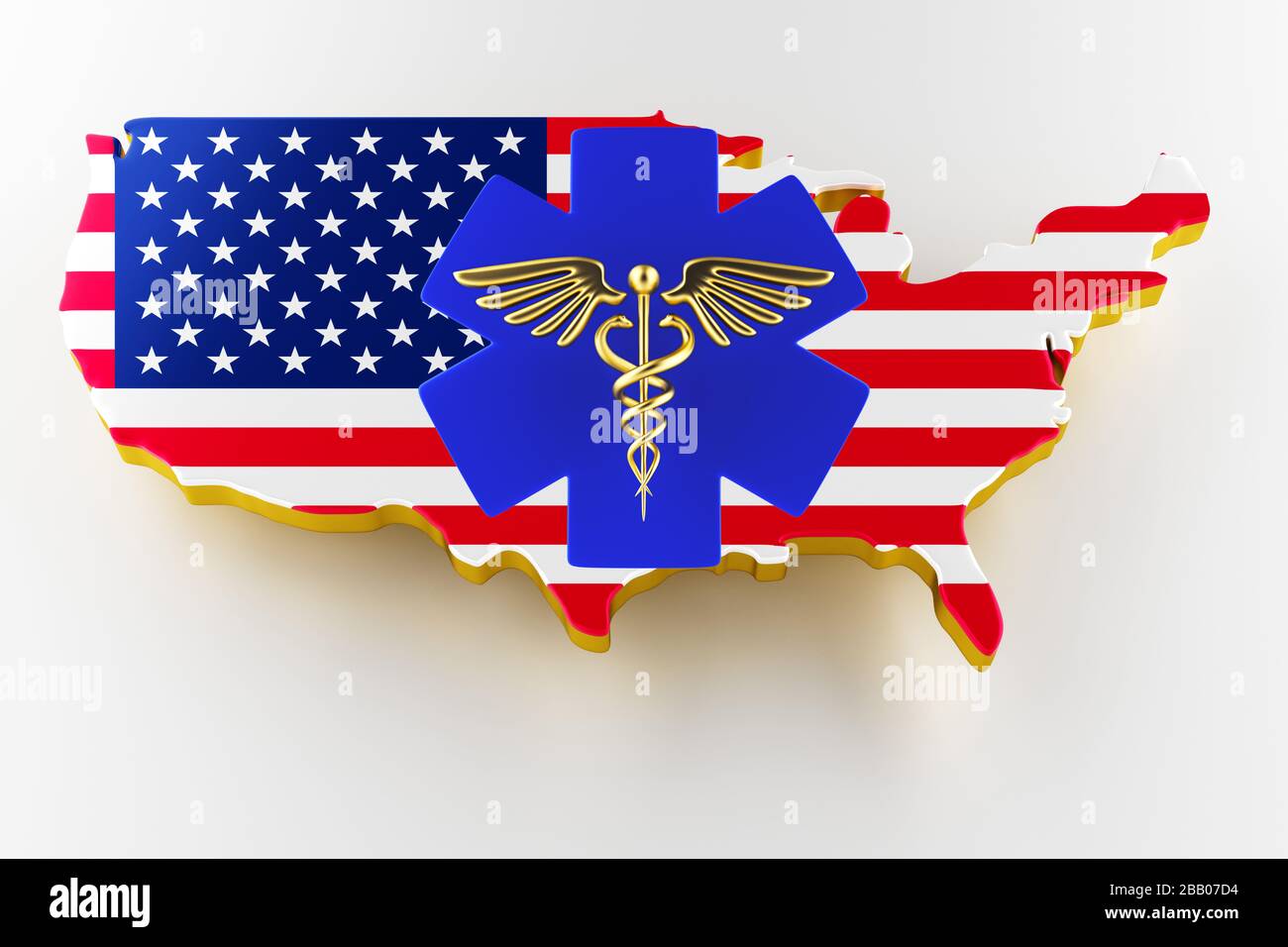 Caduceus Schild mit Schlangen auf einem medizinischen Stern. Karte der USA Landgrenze mit Flagge. USA-Karte auf weißem Hintergrund. 3D-Rendering Stockfoto