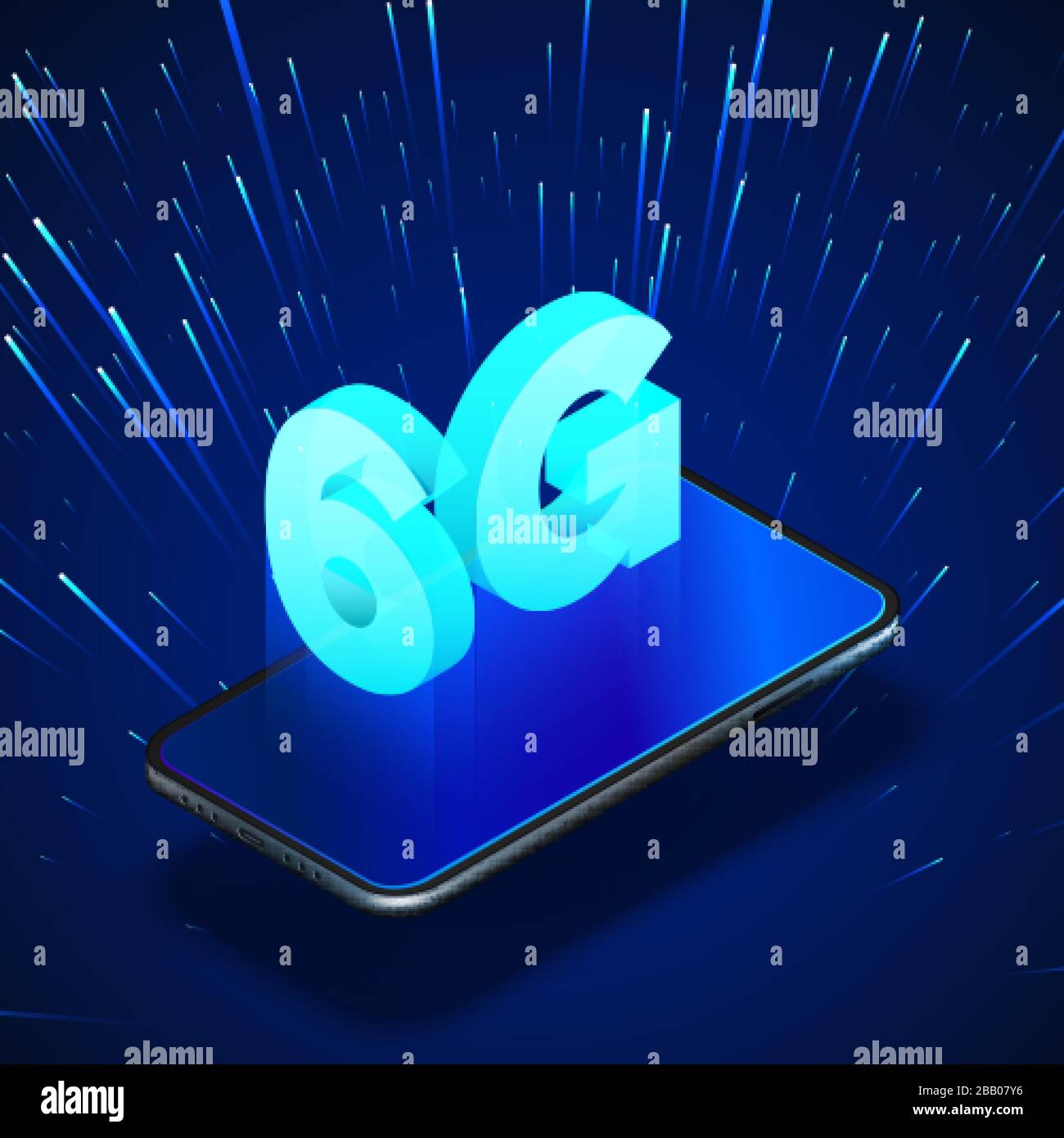 Schnelle, globale 6G-Mobilfunknetze. Business Isometric Illustration Smartphone mit Internet-Hologramm und Text 6g. Moderne Wireless-Technologie. Vecto Stock Vektor