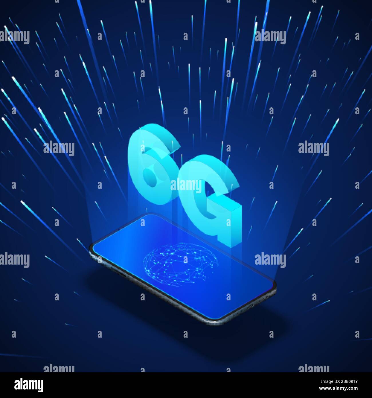 Schnelle, globale 6G-Mobilfunknetze. Business Isometric Illustration Smartphone mit Internet-Hologramm und Text 6g. Moderner Datentransfer. Wireless-te Stock Vektor
