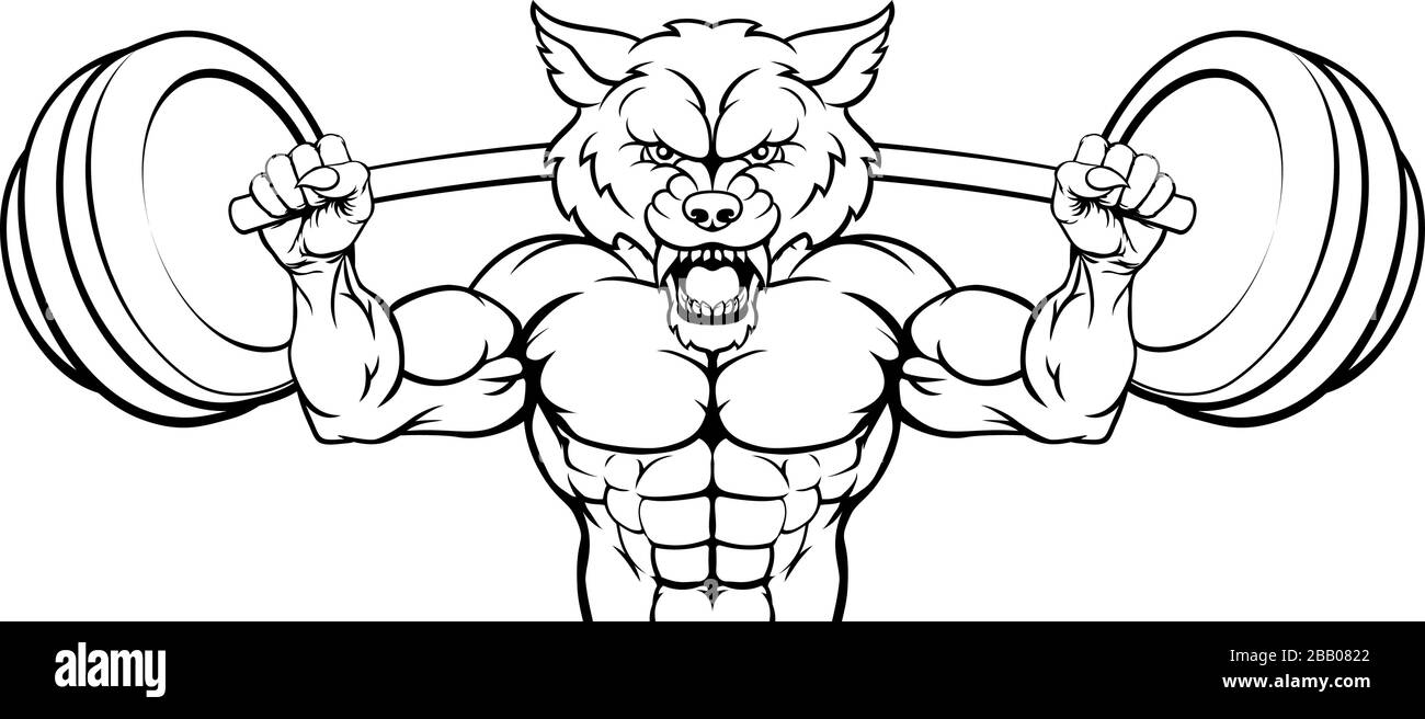 Wolf Maskottchen Gewichtheben Hantel Body Builder Stock Vektor