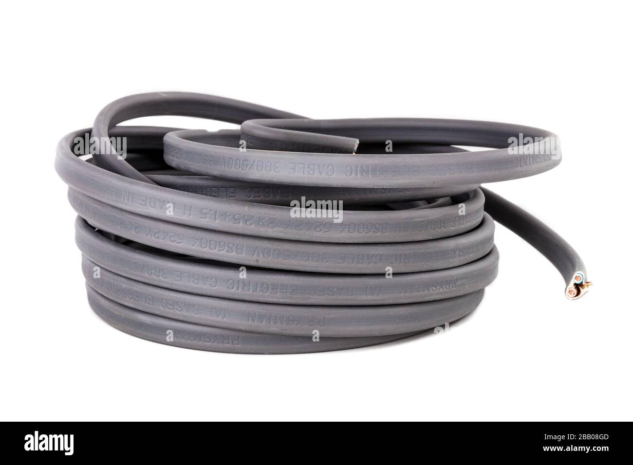 BASEC Elektrokabel, Twin- und Erdkabel, Twin- und Erdkabel, Elektrokabel, BASC-Elektrokabel, BASC-zugelassen, grau PVC-ummantelt Stockfoto
