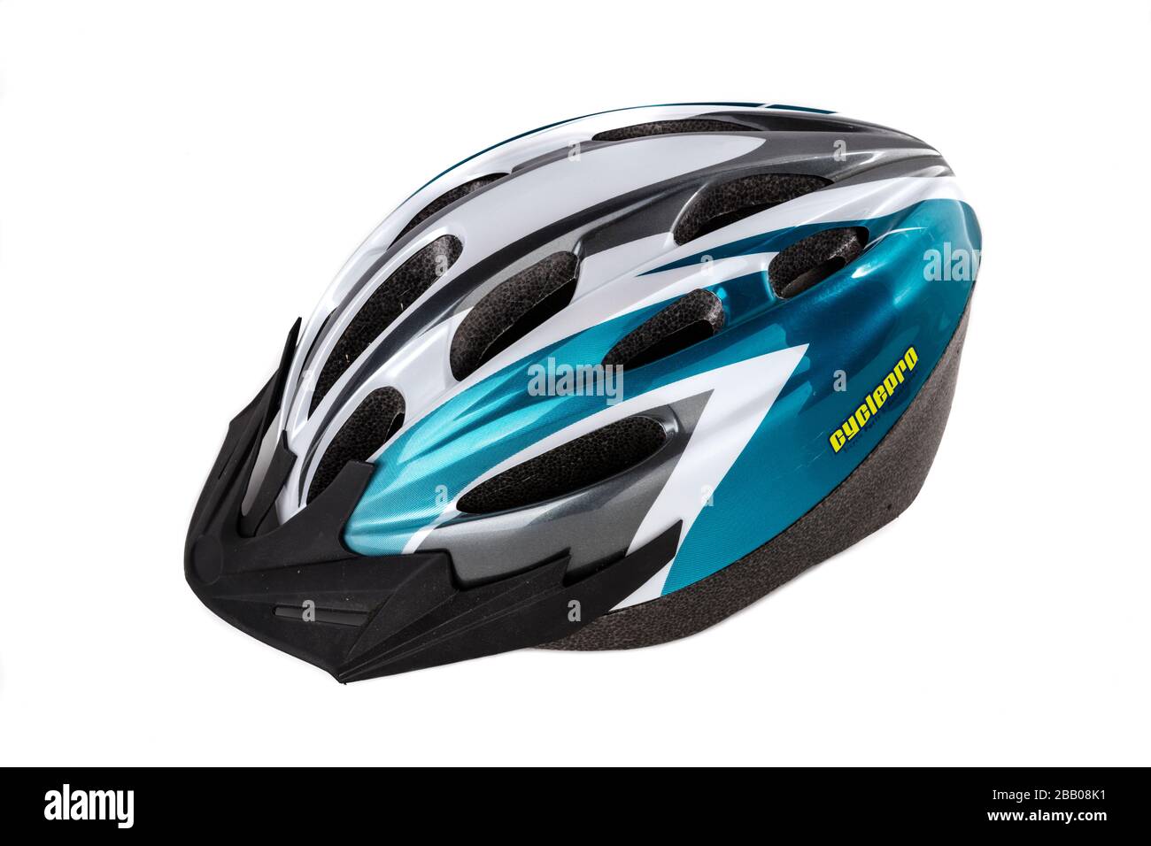 Fahrradhelm, Kopfschutz, Radhelm, Radeln, Helme, Helm, Fahrradhelme, Sicherheit, Cyclepro-Helm, herausgeschnitten, Aussparungen, Ausschnitt, Ausschnitt, Ausschnitt, Stockfoto