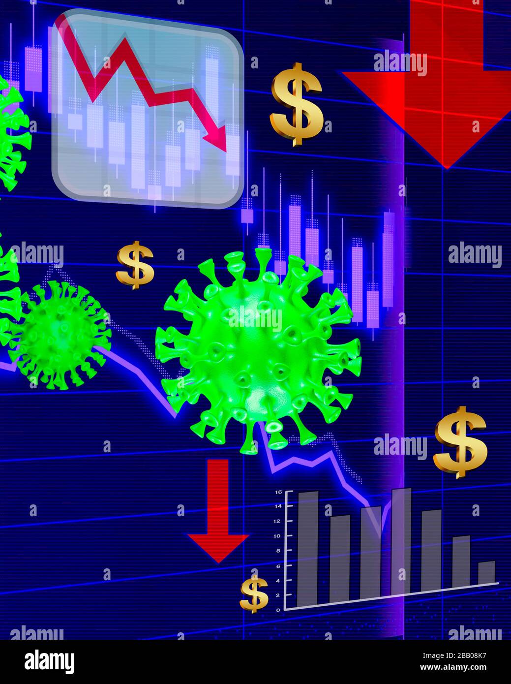 3D-Darstellung des Covid-19 oder Coronavirus zusammen mit einem abnehmenden wirtschaftlichen Diagramm des globalen Marktes mit blauem Hintergrund Stockfoto