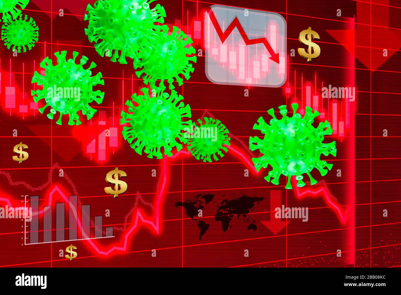 3D-Darstellung des Covid-19 oder Coronavirus zusammen mit einem abnehmenden wirtschaftlichen Graphen des globalen Marktes mit rotem Hintergrund Stockfoto