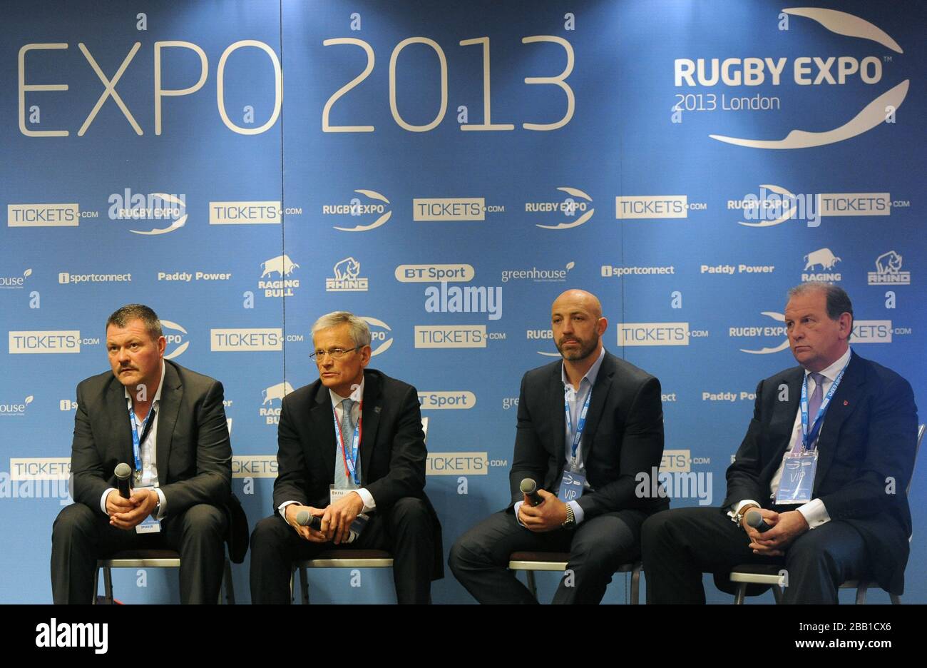 (L-R) Gavin Williams- RFU, Vic Luck- RFU, Wayne Morris-Premiership Rugby und Andrew Cosslett während des zweiten Tages der Rugby Expo 2013 im Twickenham Stadium. Stockfoto