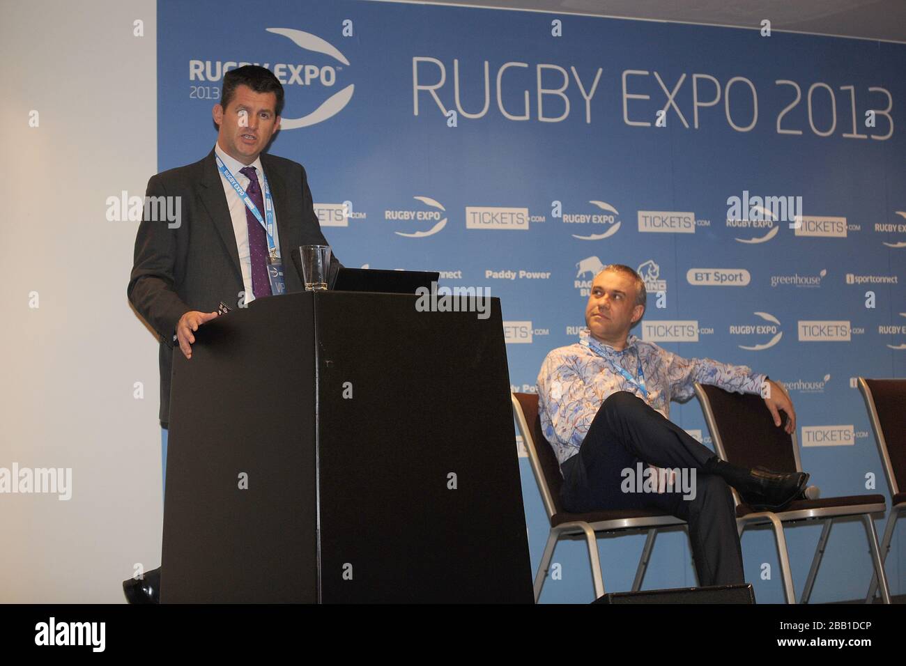 Andy Martin, London Irish, hält eine Rede auf der Rugby Expo 2013 in Twickenham. Stockfoto