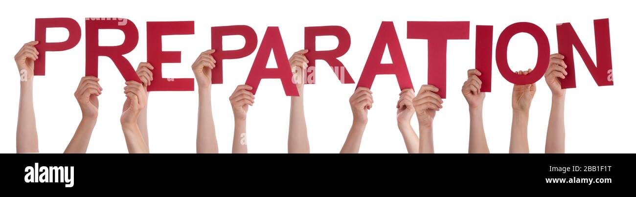 People Hands Hält Word-Vorbereitung, Isolierter Hintergrund Stockfoto