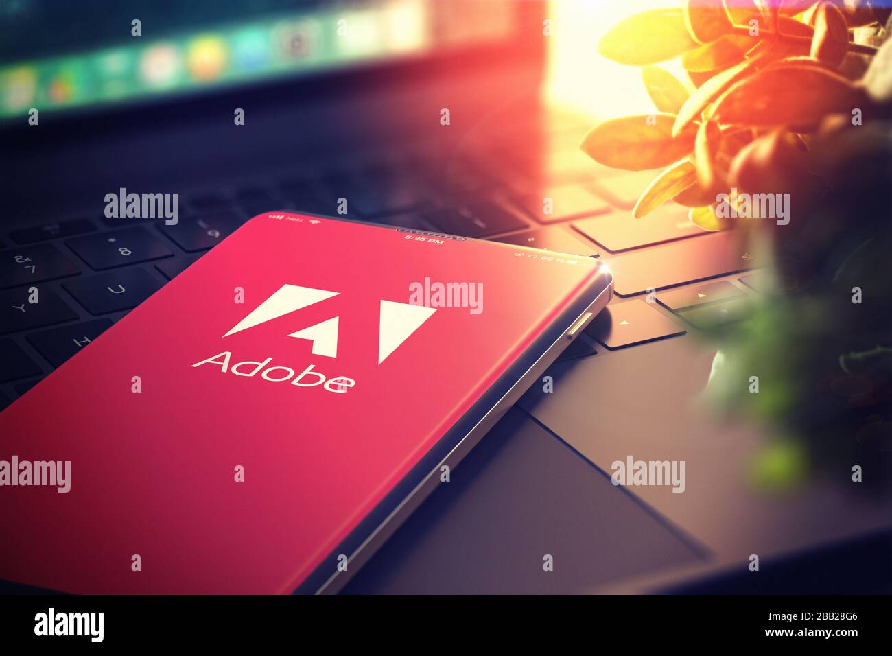 Adobe Systems Logo auf dem Smartphone-Bildschirm. Adobe ist ein multinationales Softwareunternehmen, das Multimedia- und Kreativitätssoftware produziert und verkauft. 3D-Rendering. KIEW, UKRAINE - JANUAR 2020 Stockfoto