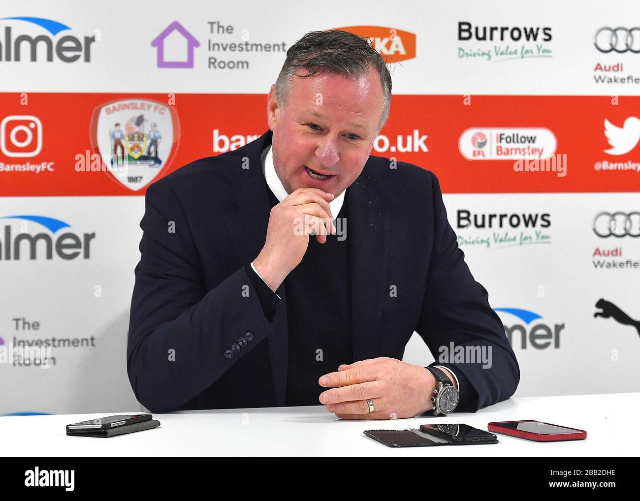 Stoke City Manager Michael O'Neill während einer Pressekonferenz nach dem Abpfiff Stockfoto