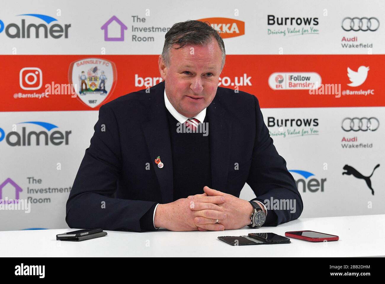 Stoke City Manager Michael O'Neill während einer Pressekonferenz nach dem Abpfiff Stockfoto