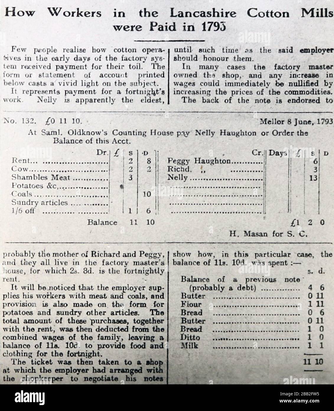 Arbeiter der Baumwollfabrik Lancashire löhnen im Jahr 1793 Stockfoto