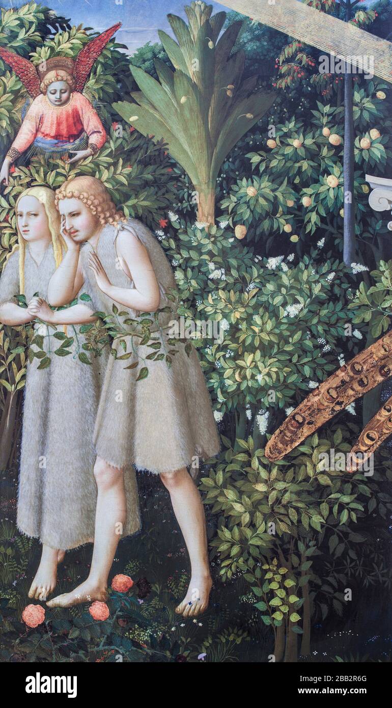Adam und Eva werden aus dem Paradise Detail vertrieben. Die Ankündigung von Fraa Angelico. Museo del Prado, Madrid. Stockfoto