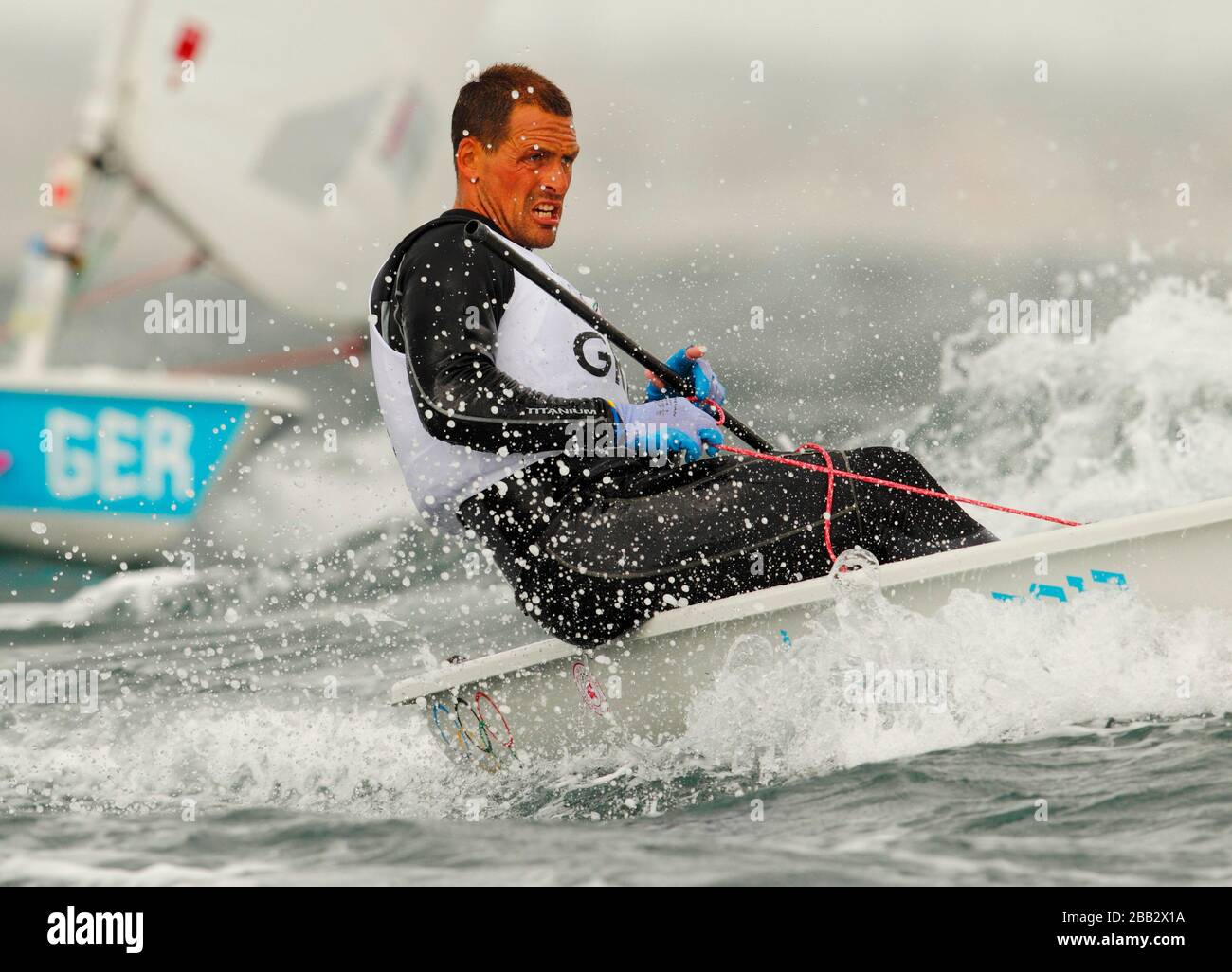 Griechenlands Lasersegler Vagelis Himonas tritt heute bei den Olympischen Spielen in der Weymouth-Bucht an. Stockfoto