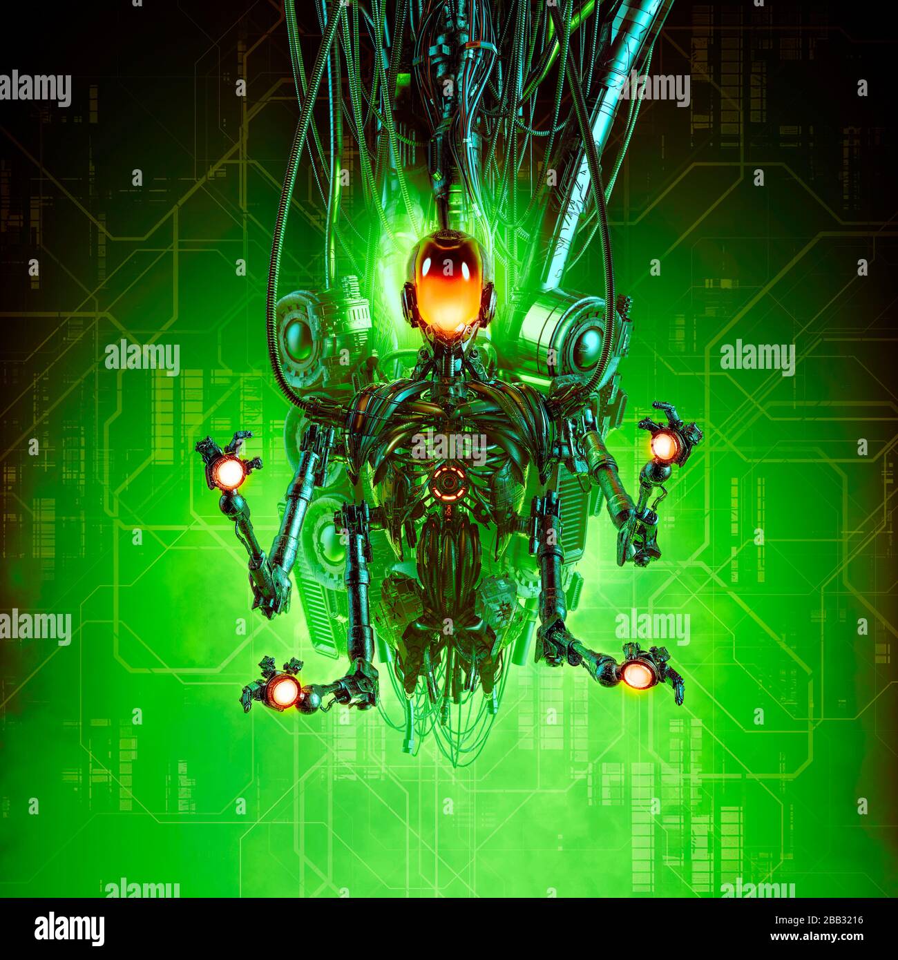 Reparatur von außerirdischen Monsterrobotern / 3D-Illustration von futuristischen, metallischen Science-Fiction-Scary, mehrlaminiger Cyborg-Rumpf, der an Kabelmaschinen hängt Stockfoto