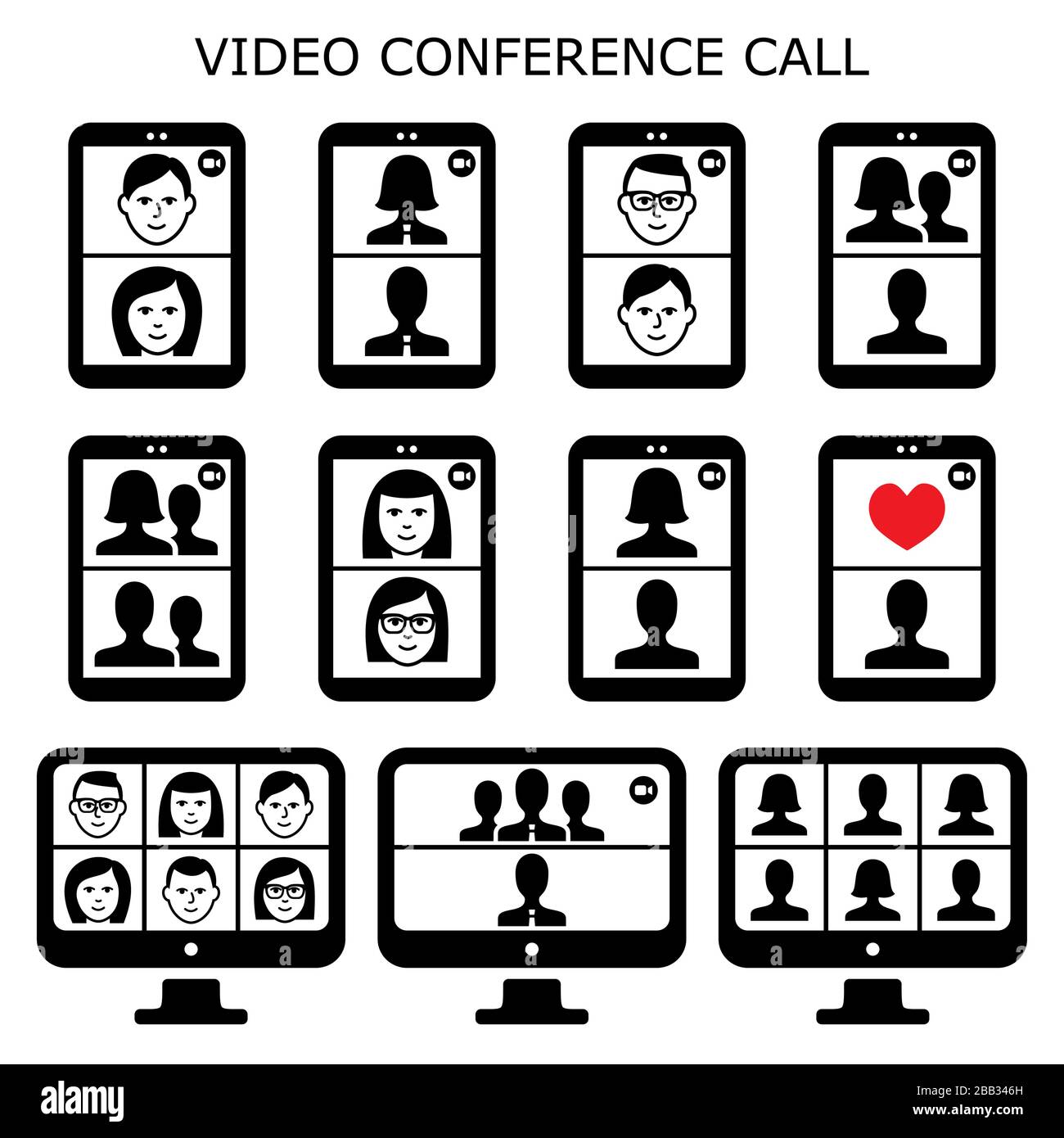 Vektorsymbole für Videokonferenzen, Online-Kommunikator für geschäftliche und soziale Kontakte, Online-Party mit einer Gruppe von Menschen Stock Vektor