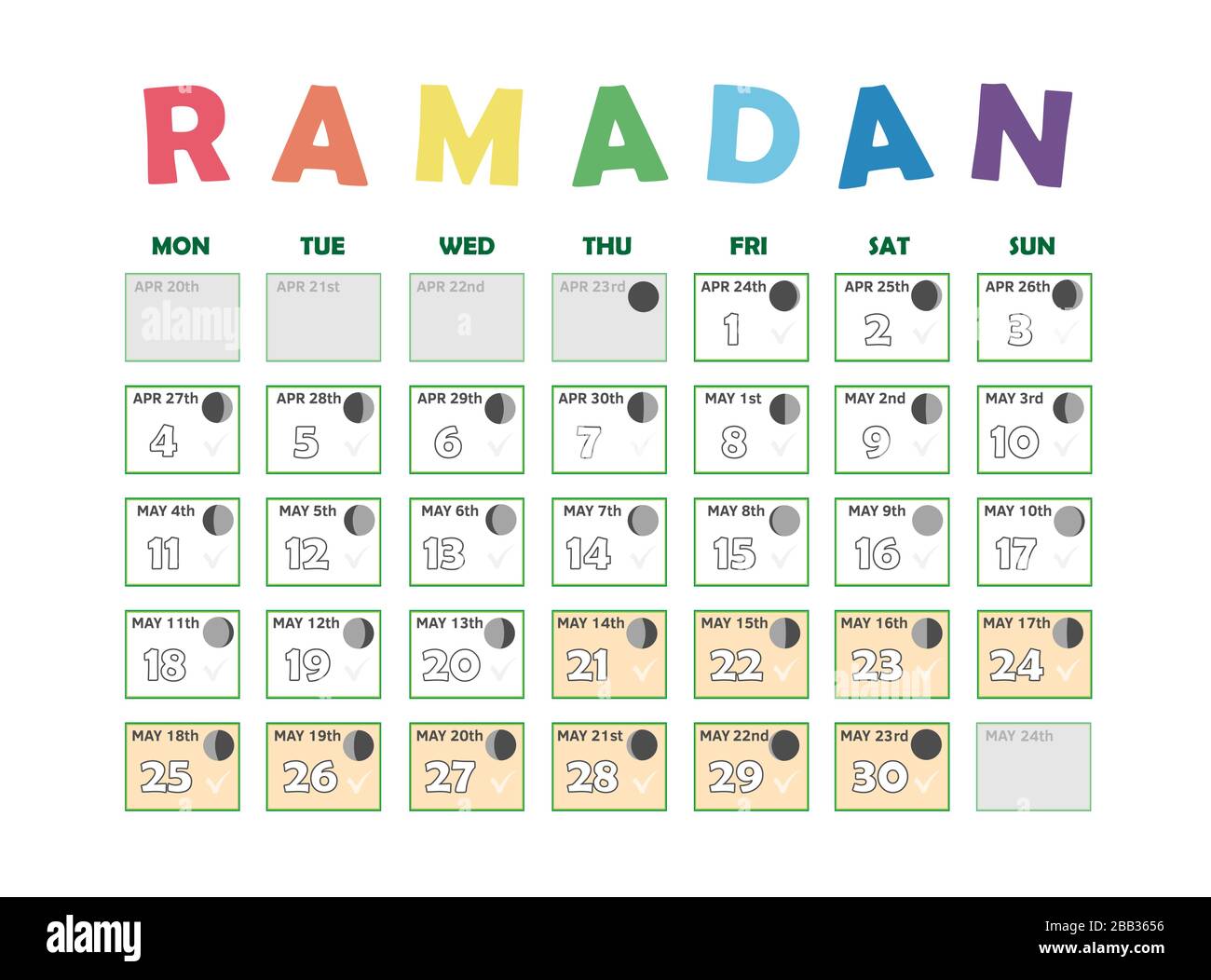 Ramadan Kalender 2020. Fastenkalender, Mondzyklusphasen, Neumond. 30 Tage des islamischen Heiligen Monats Ramadan. Vektorgrafik-Abbildung Stock Vektor