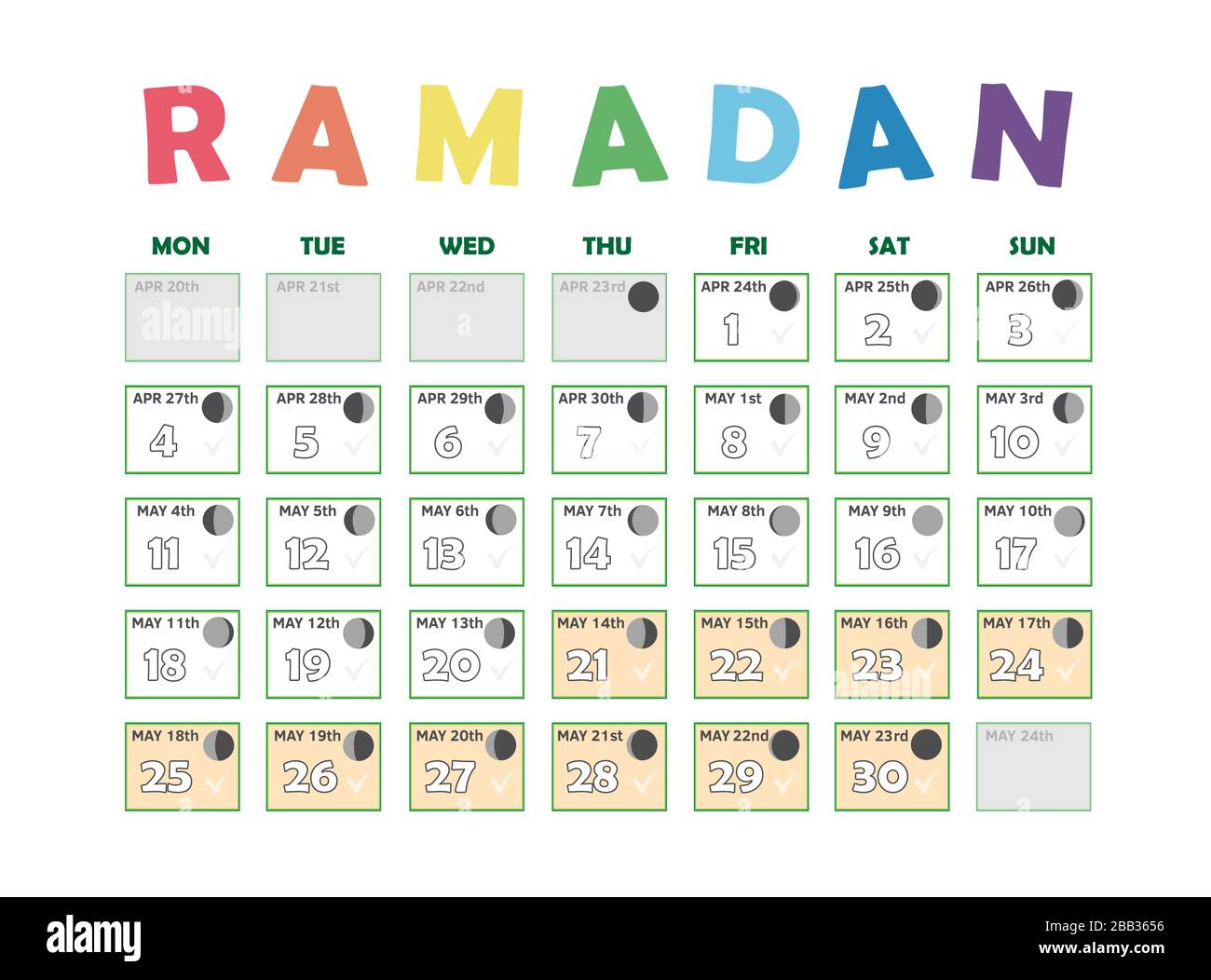 Ramadan Kalender 2020. Fastenkalender, Mondzyklusphasen, Neumond. 30 Tage des islamischen 