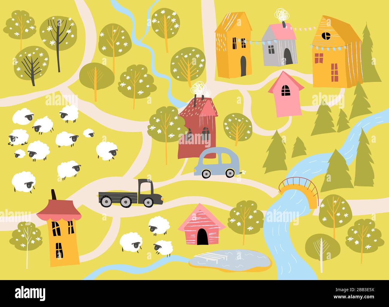 Niedliches kleines Dorf mit blühenden Bäumen im Cartoon-Stil Stock Vektor