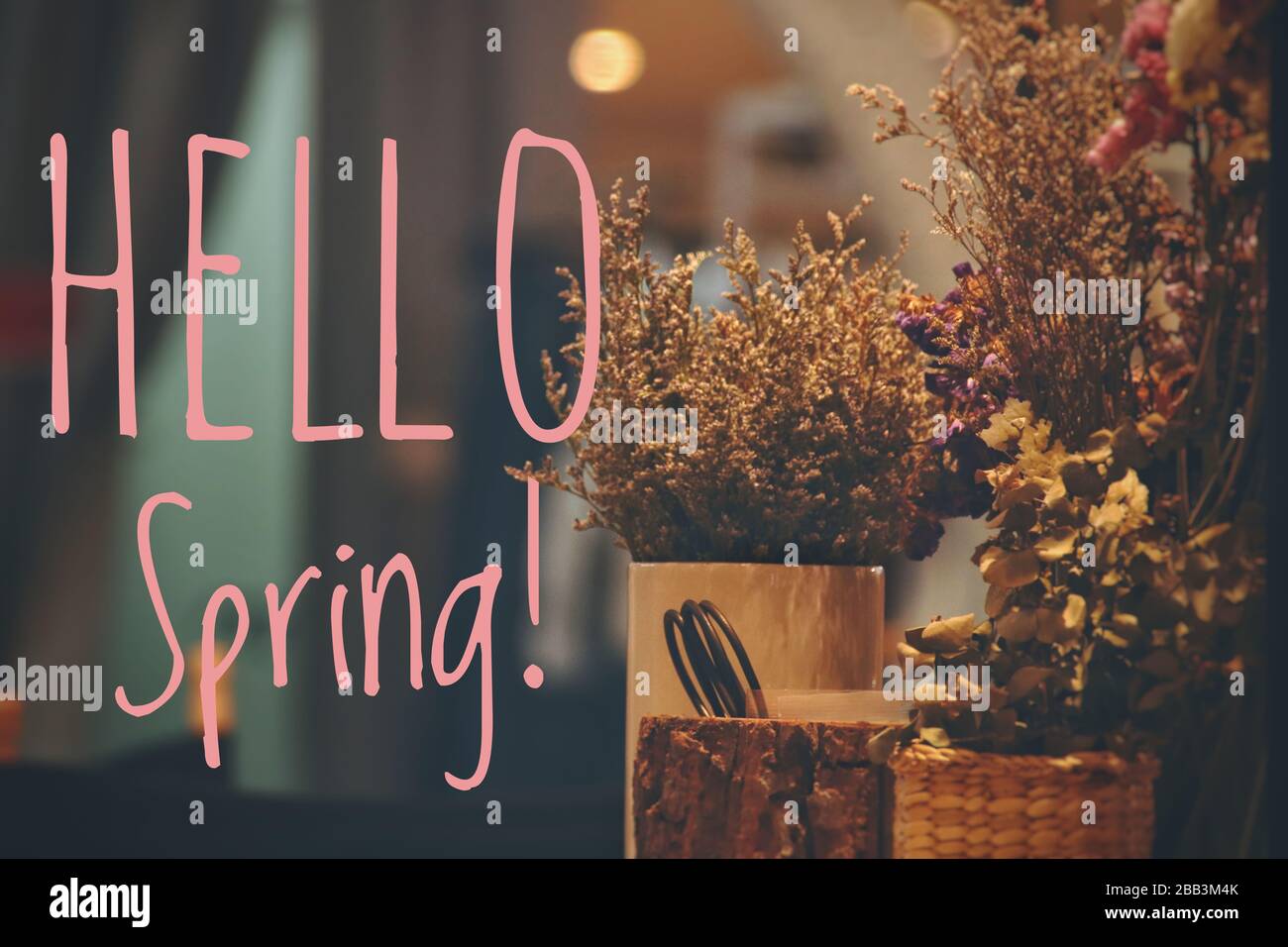"Hello Spring Typography Background", um das kommende Frühlingssaison zu begrüßen Stockfoto