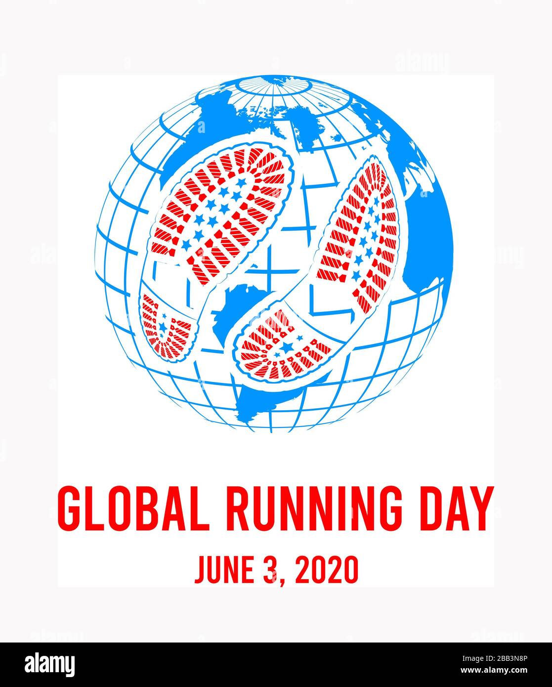 Global Running Day, 2020. Jährliches Wellness-Event mit Weltkugel und Schuhdruck. Vektorgrafiken. Stockfoto