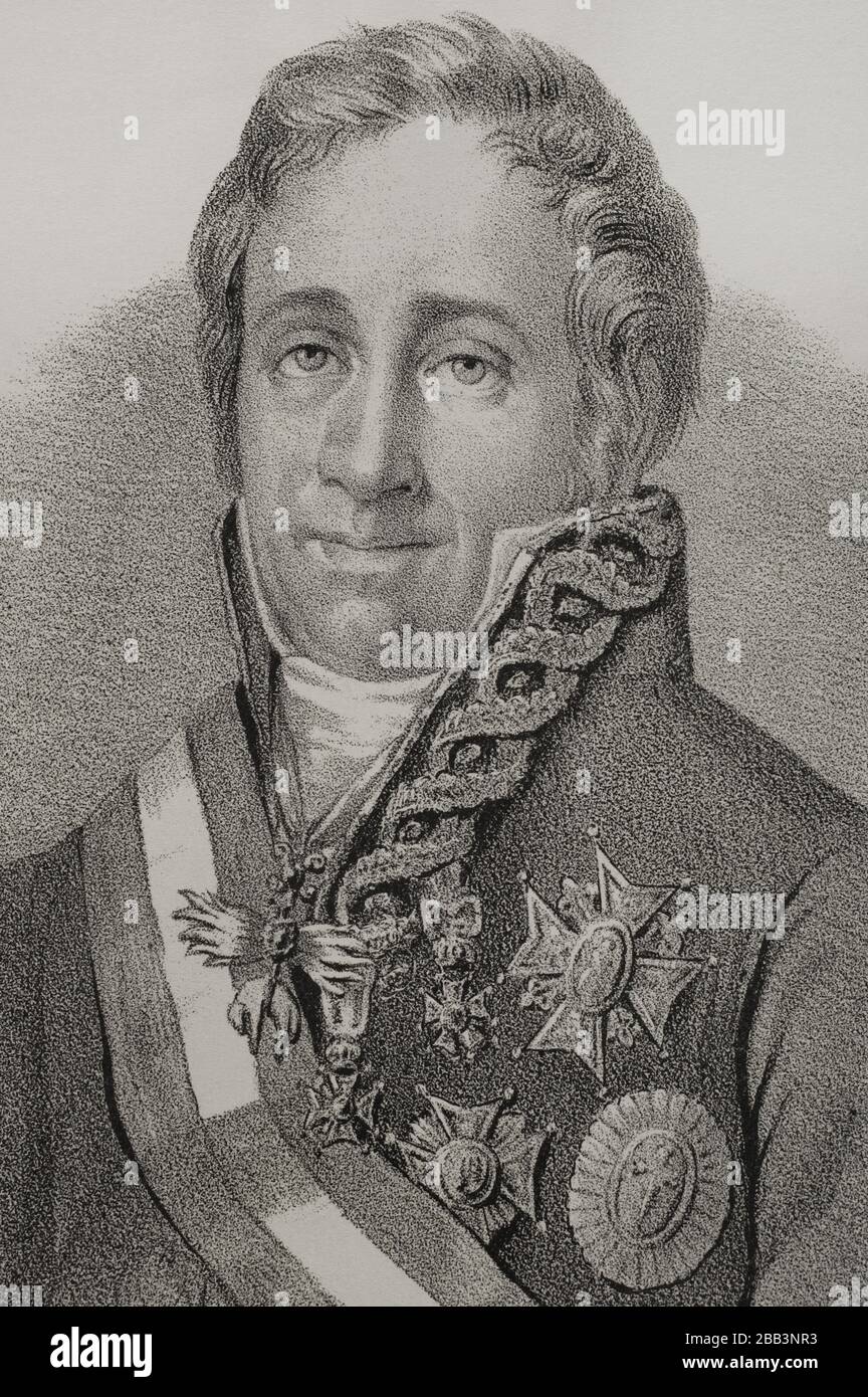 Francisco Tadeo Calomarde de Retascon y Arria (1773-1842). Spanischer Staatsmann. Erster Herzog von Santa Isabel. Gnadenminister und Justizminister (1823-1834) während der Regierungszeit Ferdinands VII Hochformat, Detail. Illustration von Santiago Llanta. Die Lithographie. Cronica General de España, Historia Ilustrada y Descriptiva de sus Provincias. Aragon, Im Jahr 1866. Stockfoto