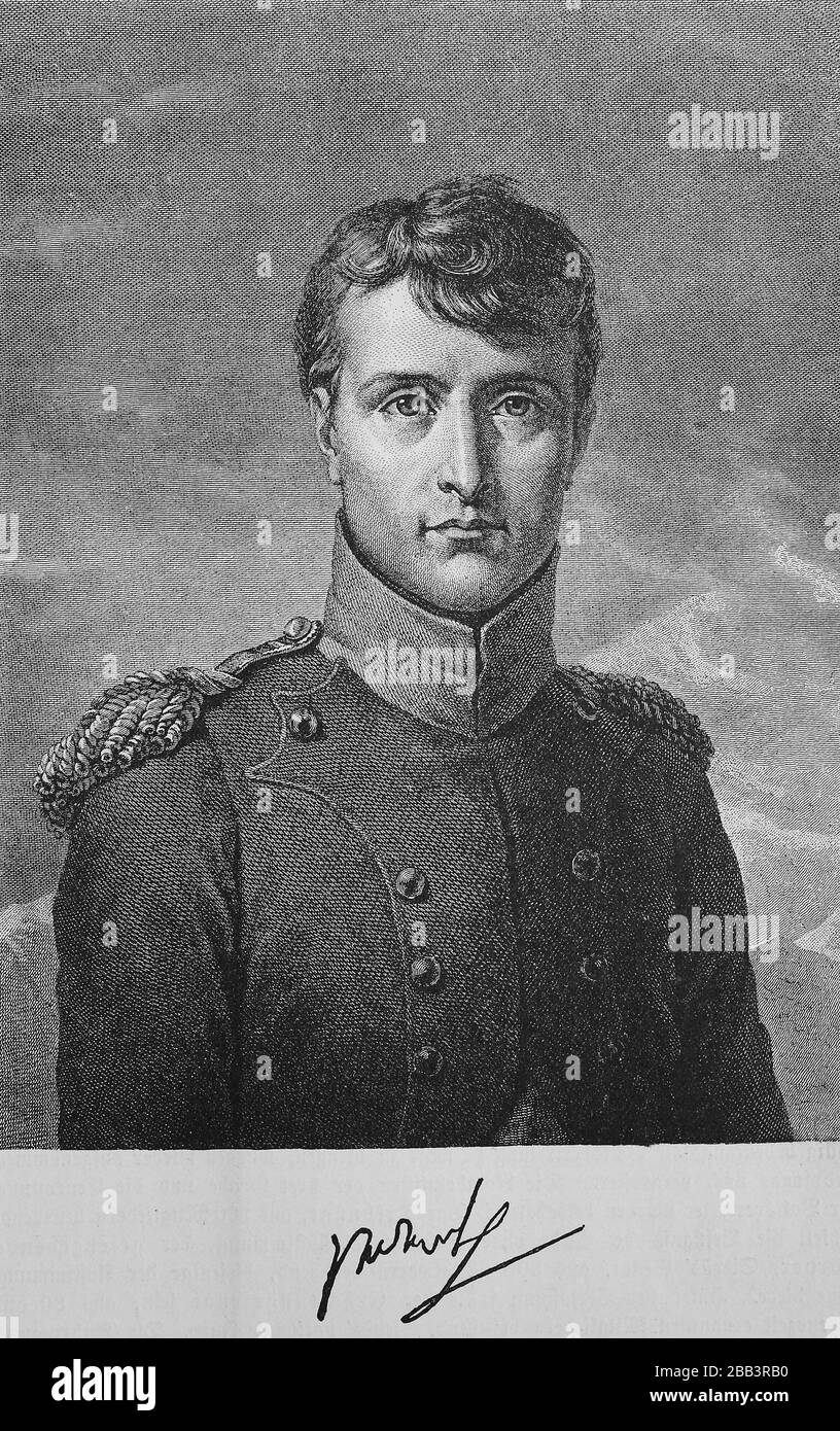 Napoleon Bonaparte war als erster Generalkonsul der französischen Republik, Kaiser Napoleon I., vom 15. August 1769 - 5. Mai 1821, war ein französischer General, revolutionärer Diktator und Kaiser der Franzosen/Napoleon Bonaparte als erster Consul der französischen Republik, Kaiser Napoleon I., 15. August 614 - 5. Mai 1821, war ein fränkischer General, Revolutionär Diktator und Kaiser der Franzen, historisch, digital verbesserte Wiedergabe eines Originals aus dem 19. Jahrhundert / Digitale Produktion einer Originalanlage aus dem 19. Jahrhunderts Stockfoto